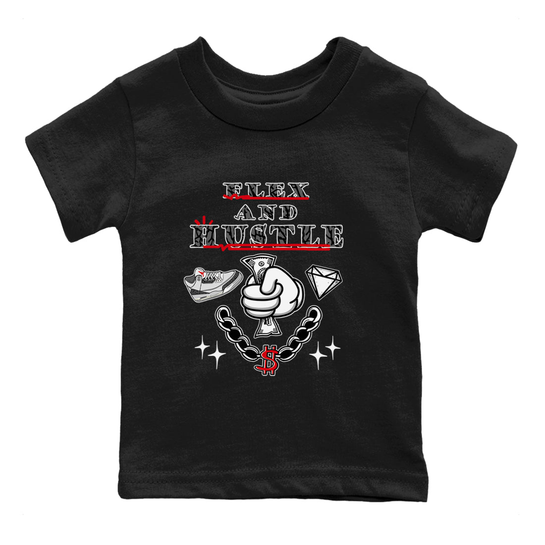 3s Cement Grey shirts to match jordans Flex And Hustle sneaker match tees Air Jordan 3 Cement Grey SNRT Sneaker Release Tees Youth Baby Black 2 crew neck shirts