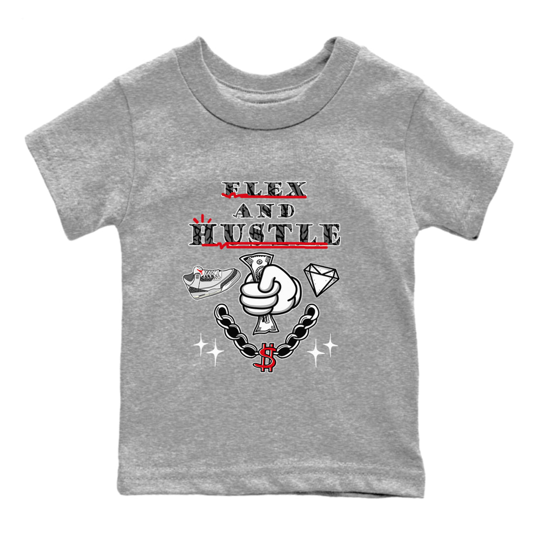 3s Cement Grey shirts to match jordans Flex And Hustle sneaker match tees Air Jordan 3 Cement Grey SNRT Sneaker Release Tees Youth Baby Heather Grey 2 crew neck shirts
