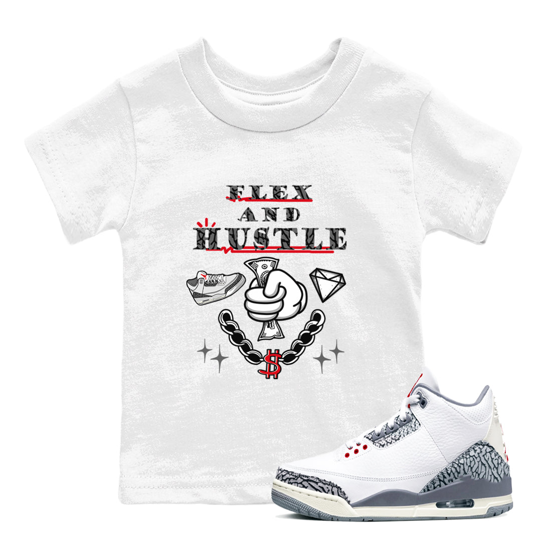 3s Cement Grey shirts to match jordans Flex And Hustle sneaker match tees Air Jordan 3 Cement Grey SNRT Sneaker Release Tees Youth Baby White 1 crew neck shirts