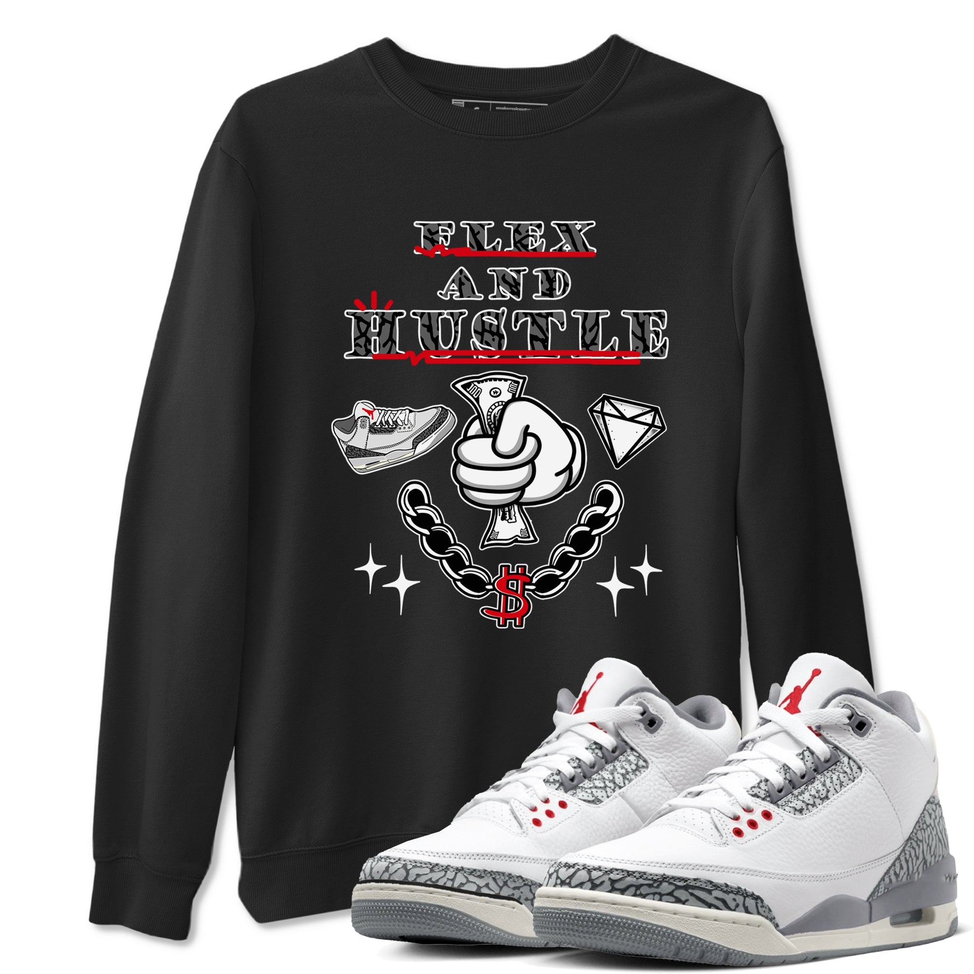 3s Cement Grey shirts to match jordans Flex And Hustle sneaker match tees Air Jordan 3 Cement Grey SNRT Sneaker Release Tees unisex cotton Black 1 crew neck shirts