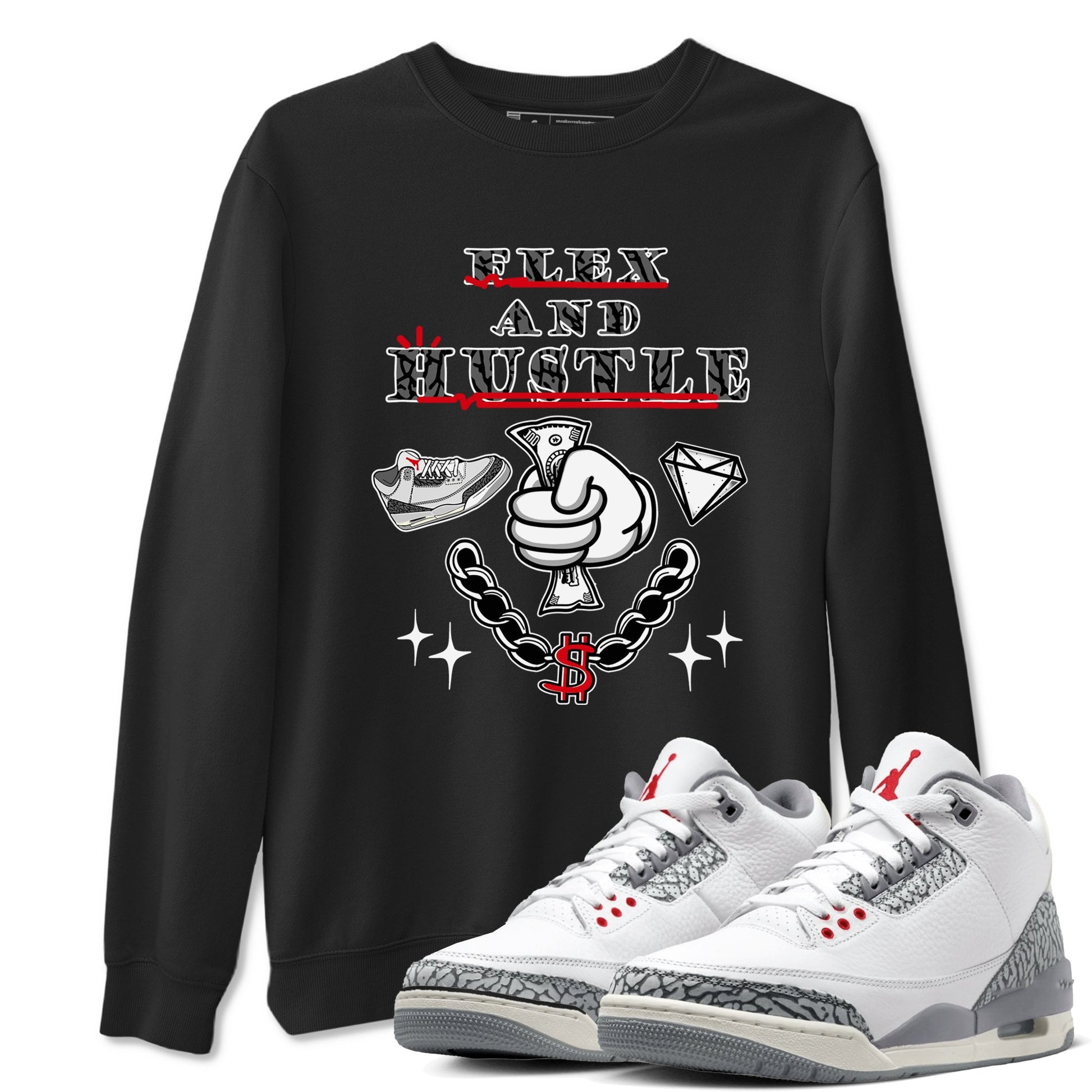 3s Cement Grey shirts to match jordans Flex And Hustle sneaker match tees Air Jordan 3 Cement Grey SNRT Sneaker Release Tees unisex cotton Black 1 crew neck shirts