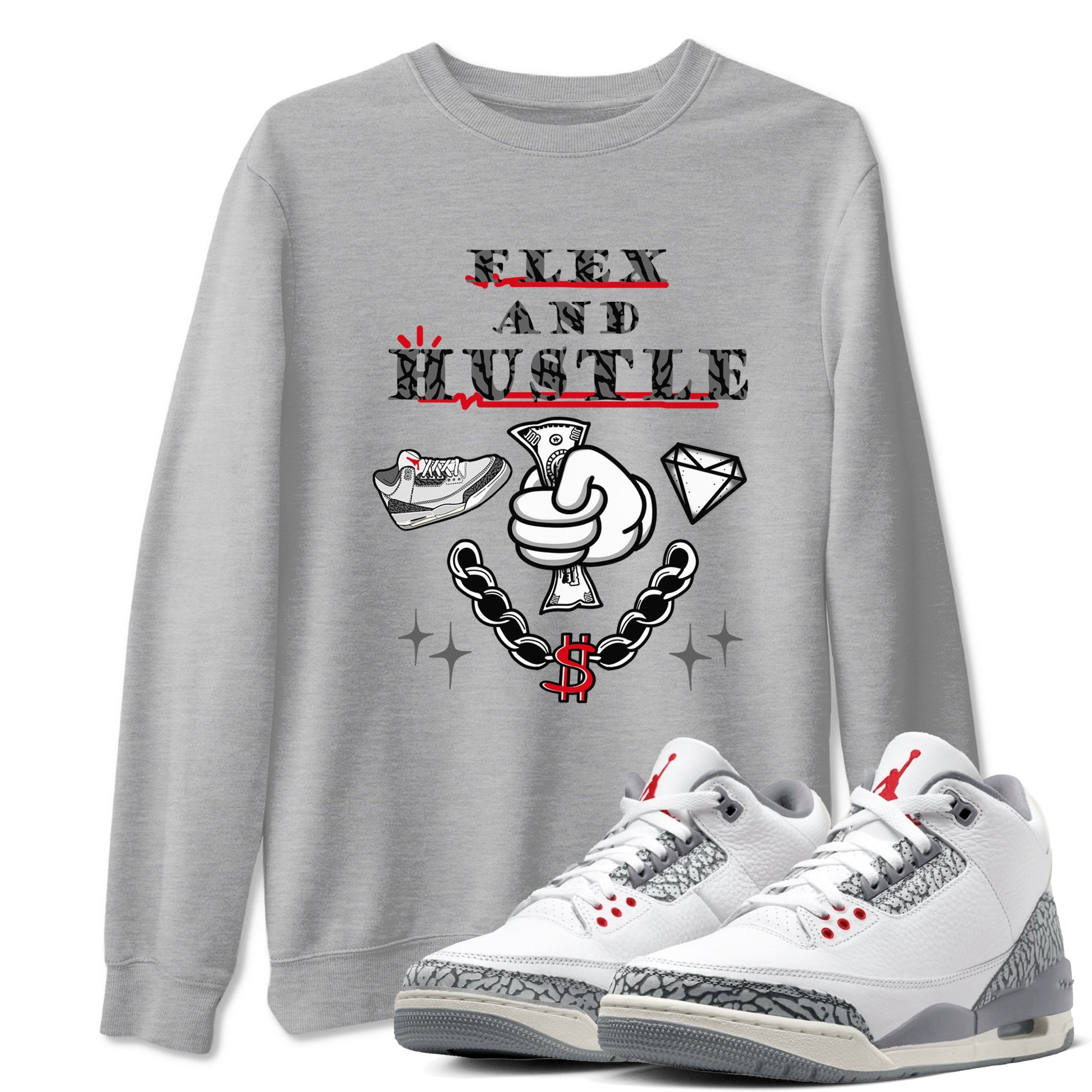 3s Cement Grey shirts to match jordans Flex And Hustle sneaker match tees Air Jordan 3 Cement Grey SNRT Sneaker Release Tees unisex cotton Heather Grey 1 crew neck shirts