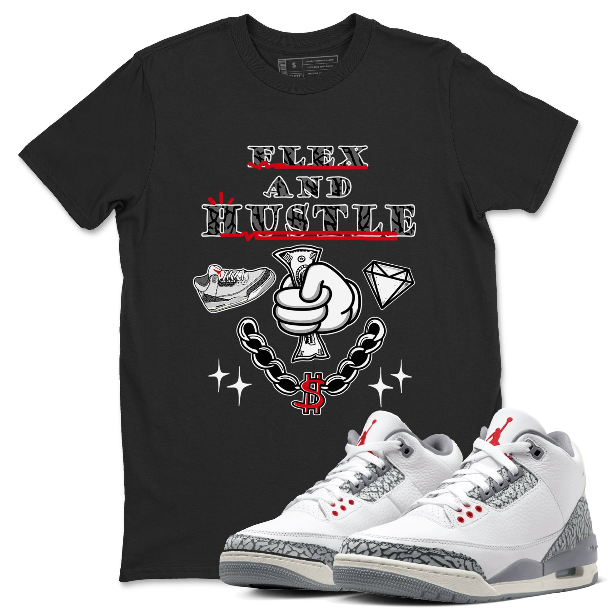 3s Cement Grey shirts to match jordans Flex And Hustle sneaker match tees Air Jordan 3 Cement Grey SNRT Sneaker Release Tees unisex cotton Black 1 crew neck shirts