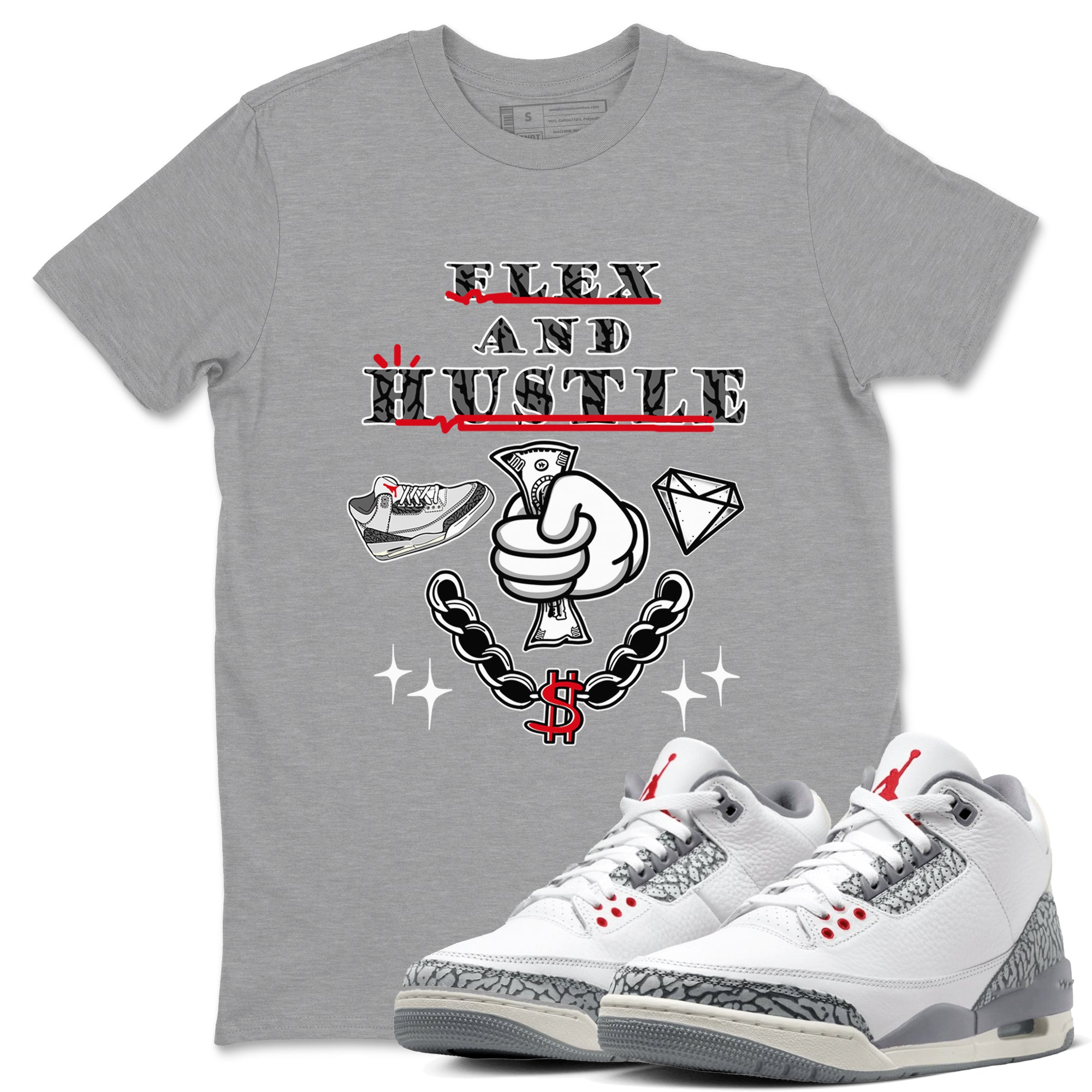 3s Cement Grey shirts to match jordans Flex And Hustle sneaker match tees Air Jordan 3 Cement Grey SNRT Sneaker Release Tees unisex cotton Heather Grey 1 crew neck shirts