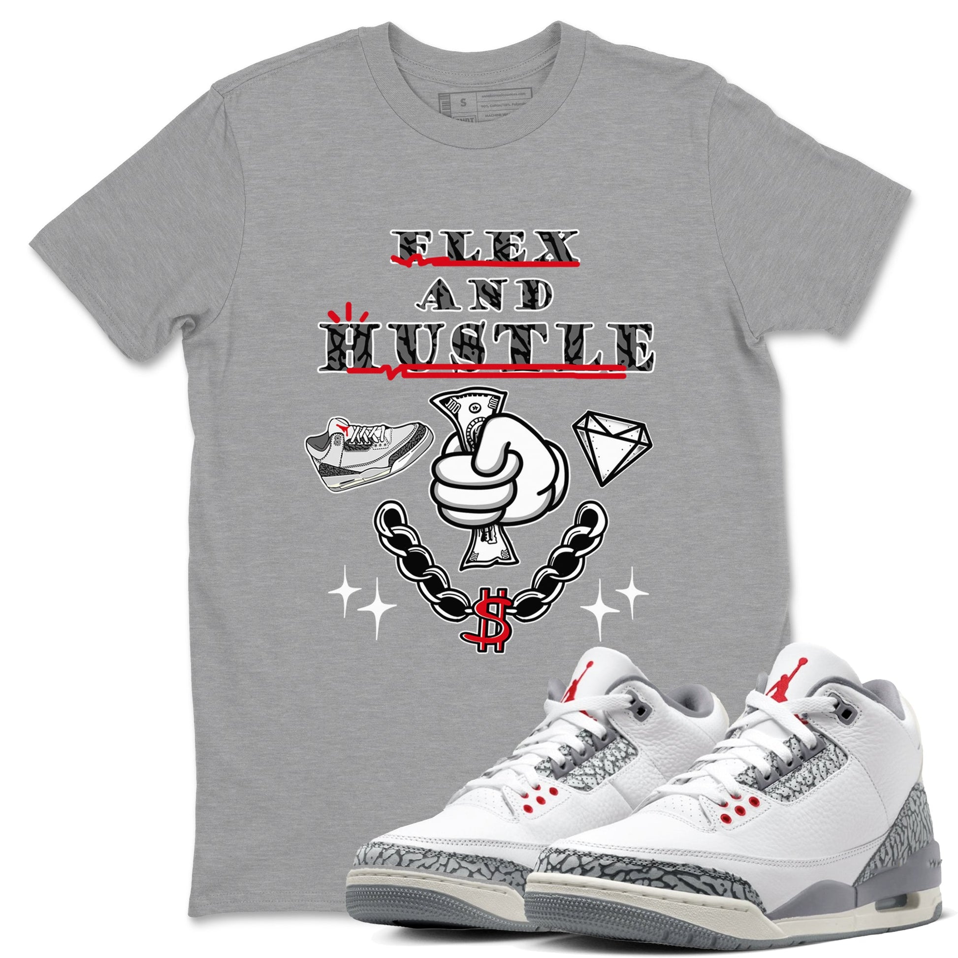3s Cement Grey shirts to match jordans Flex And Hustle sneaker match tees Air Jordan 3 Cement Grey SNRT Sneaker Release Tees unisex cotton Heather Grey 1 crew neck shirts
