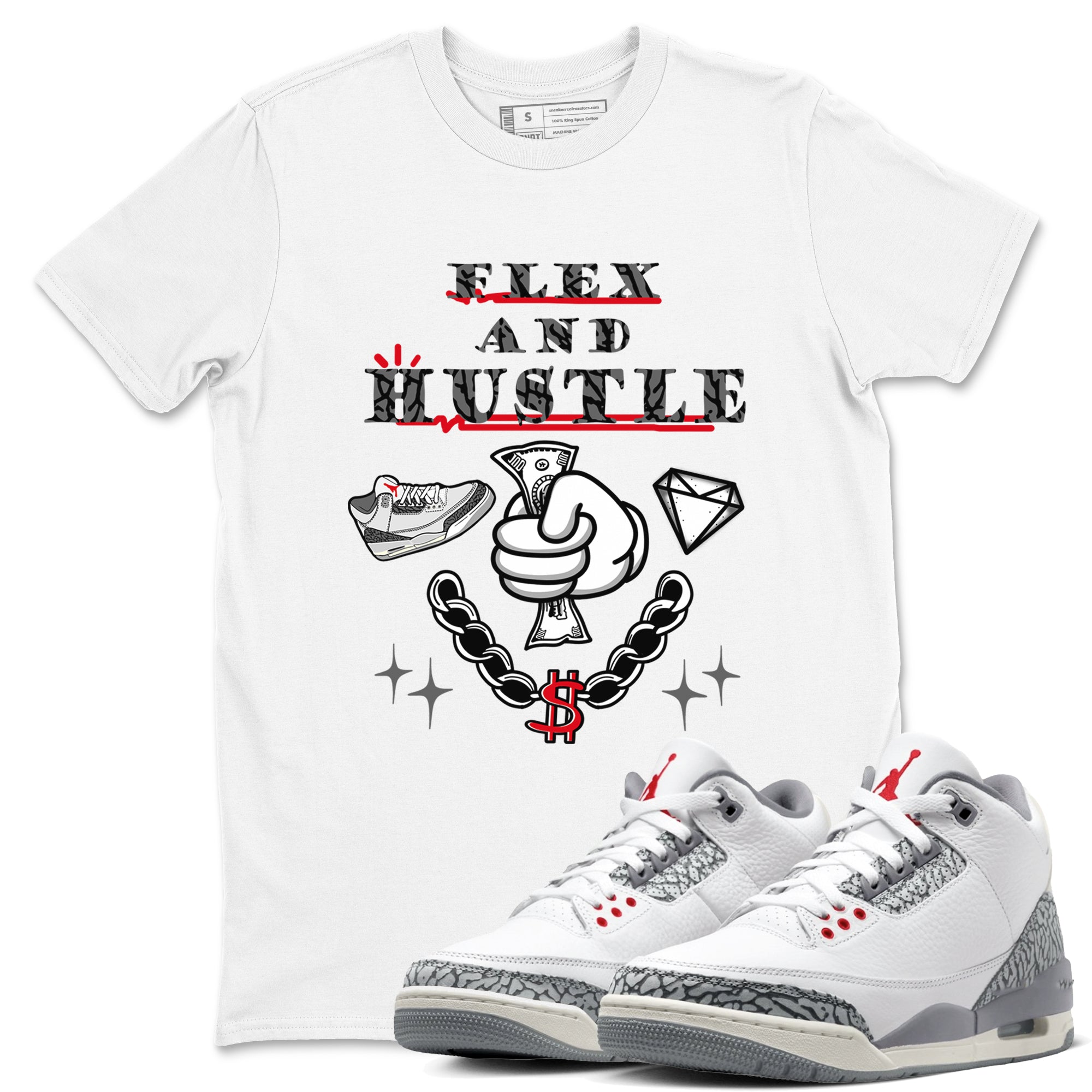 3s Cement Grey shirts to match jordans Flex And Hustle sneaker match tees Air Jordan 3 Cement Grey SNRT Sneaker Release Tees unisex cotton White 1 crew neck shirts