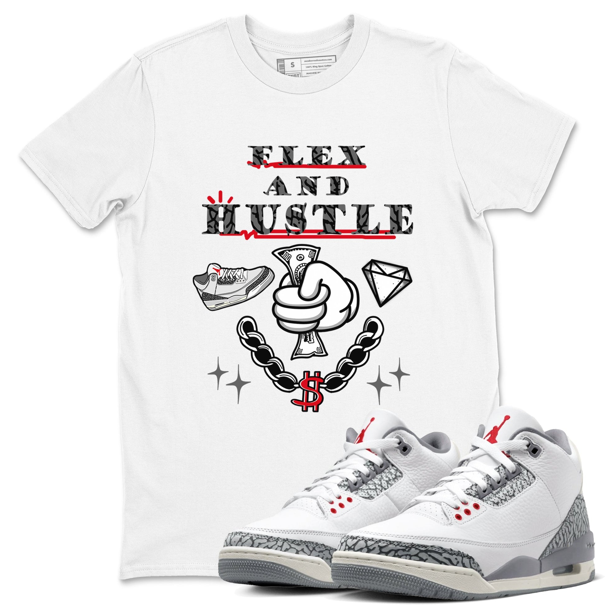 3s Cement Grey shirts to match jordans Flex And Hustle sneaker match tees Air Jordan 3 Cement Grey SNRT Sneaker Release Tees unisex cotton White 1 crew neck shirts