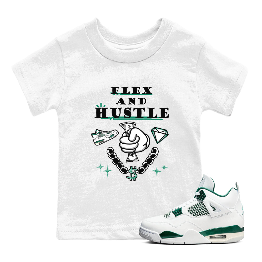 4s Oxidized Green shirts to match jordans Flex And Hustle sneaker match tees Air Jordan 4 Oxidized Green SNRT Sneaker Tees streetwear brand Baby and Youth White 1 cotton tee