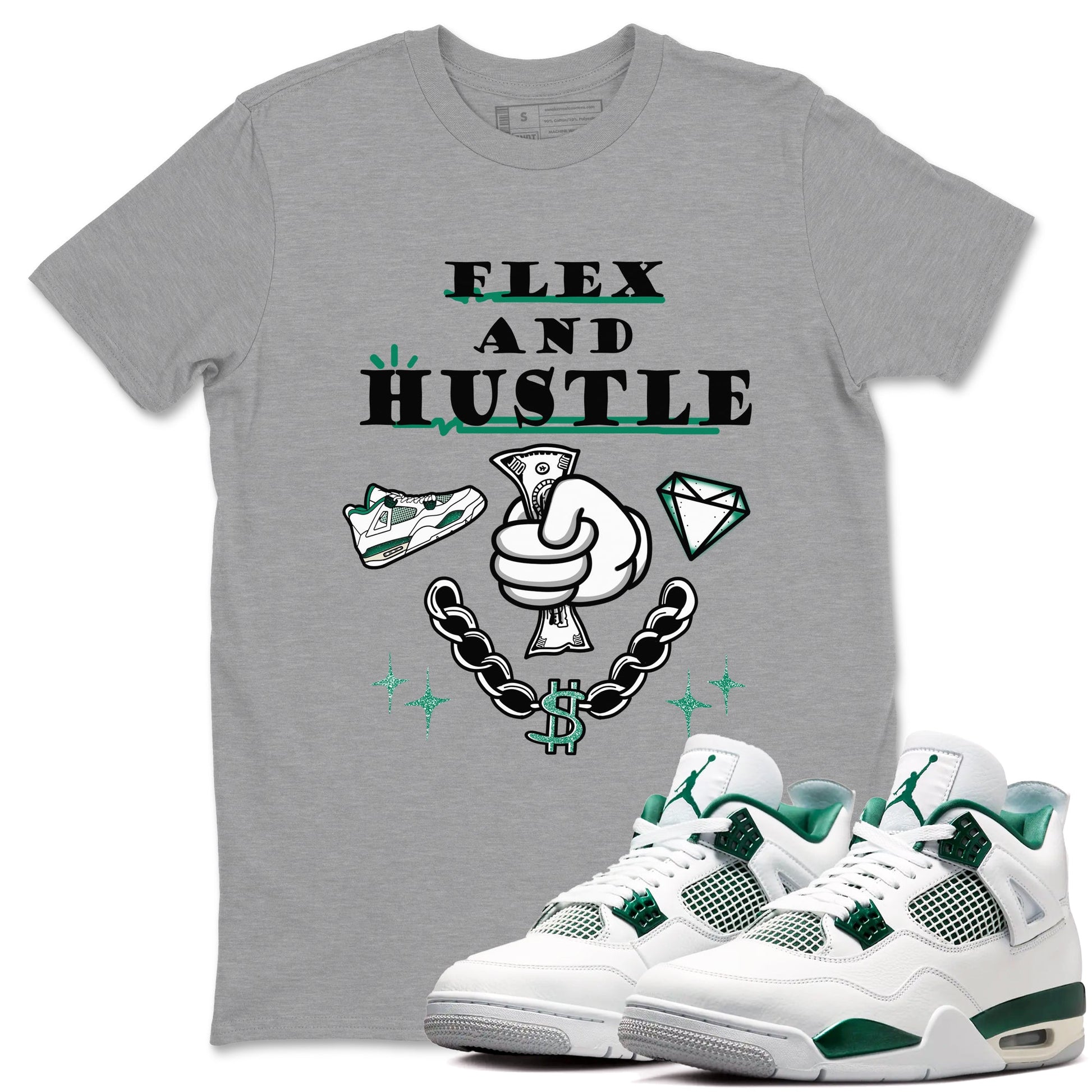 4s Oxidized Green shirts to match jordans Flex And Hustle sneaker match tees Air Jordan 4 Oxidized Green SNRT Sneaker Tees streetwear brand Heather Grey 1 unisex cotton tee