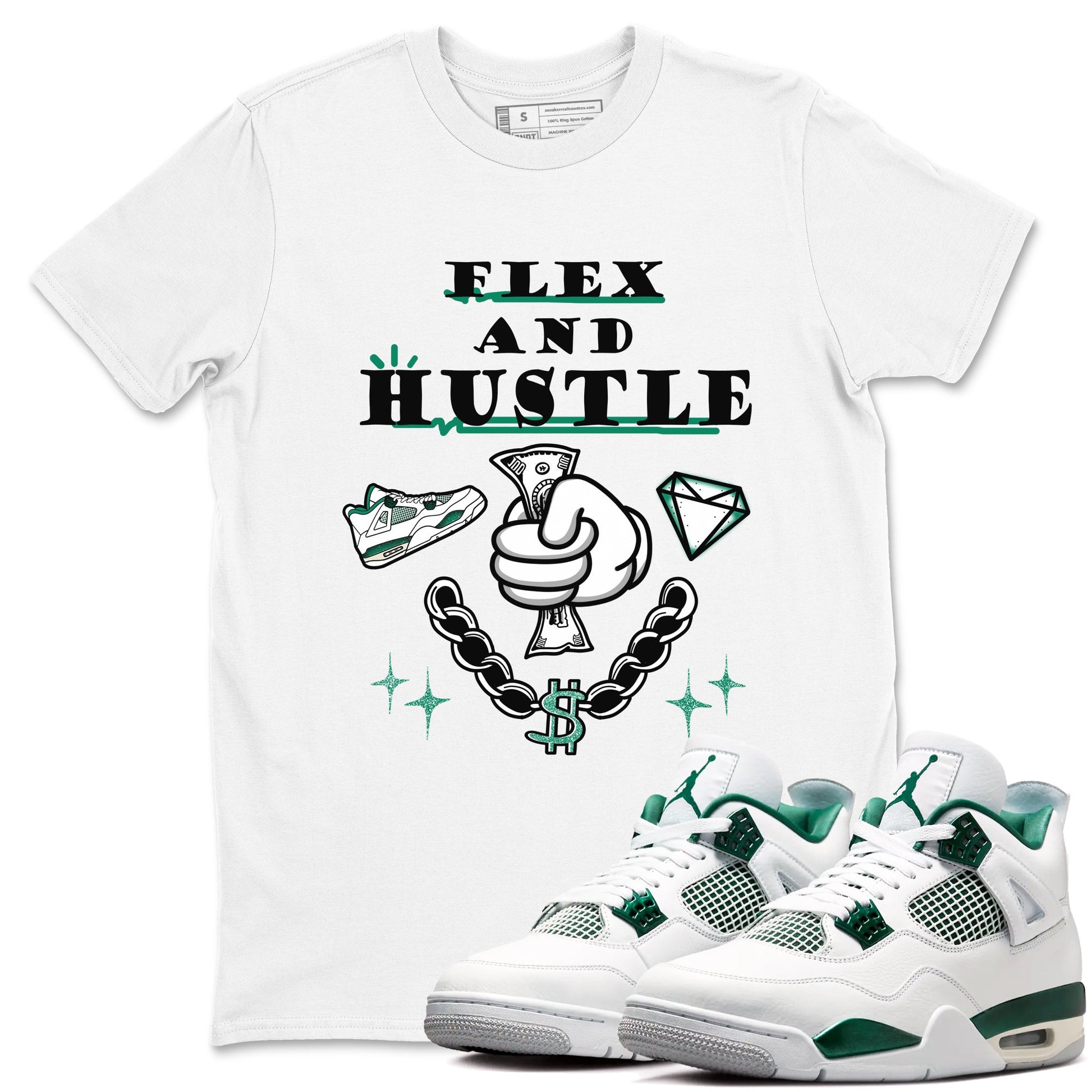 4s Oxidized Green shirts to match jordans Flex And Hustle sneaker match tees Air Jordan 4 Oxidized Green SNRT Sneaker Tees streetwear brand White 1 unisex cotton tee
