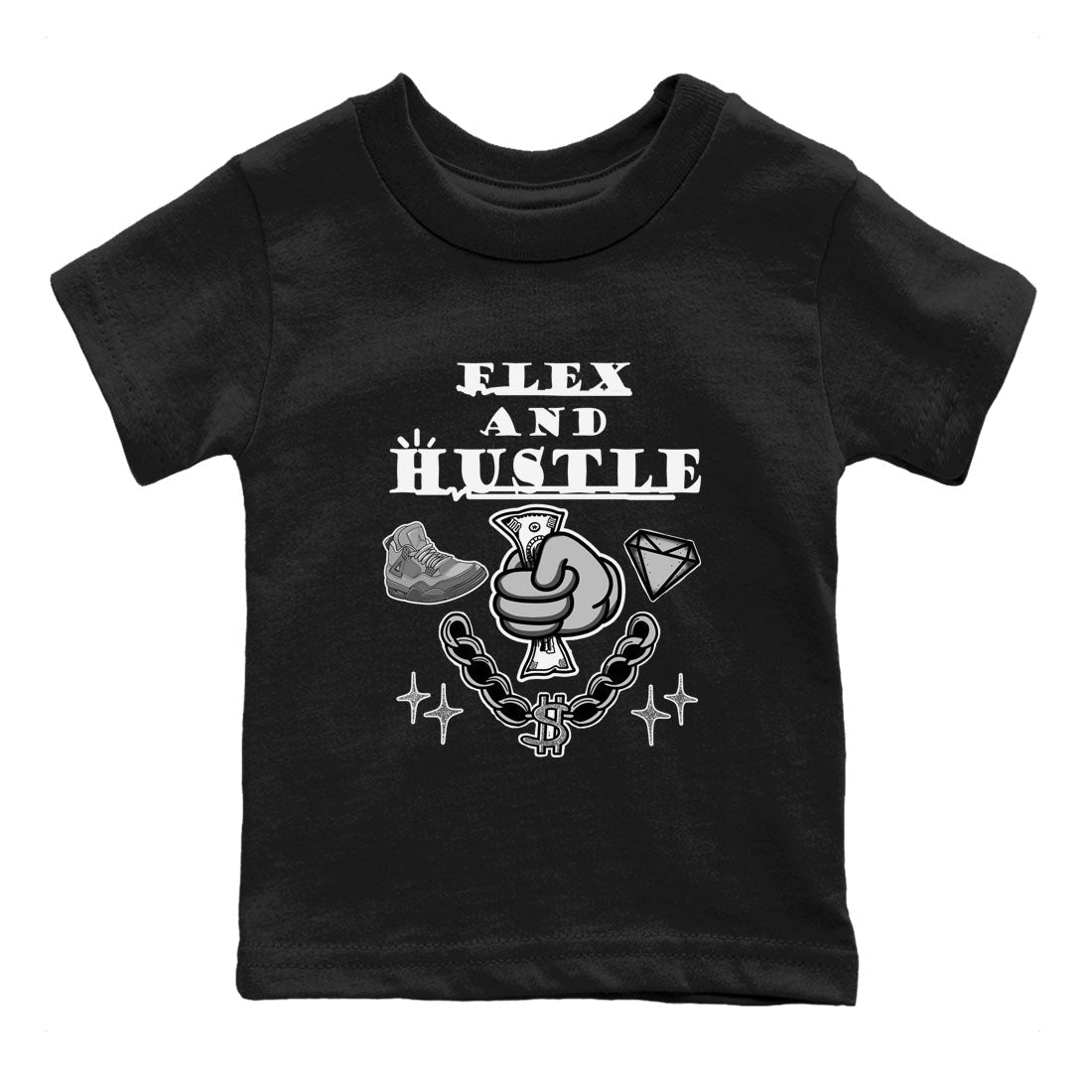 4s Wet Cement shirts to match jordans Flex And Hustle sneaker match tees Air Jordan 4 Wet Cement SNRT Sneaker Release Tees Youth Baby Black 2 crew neck shirts