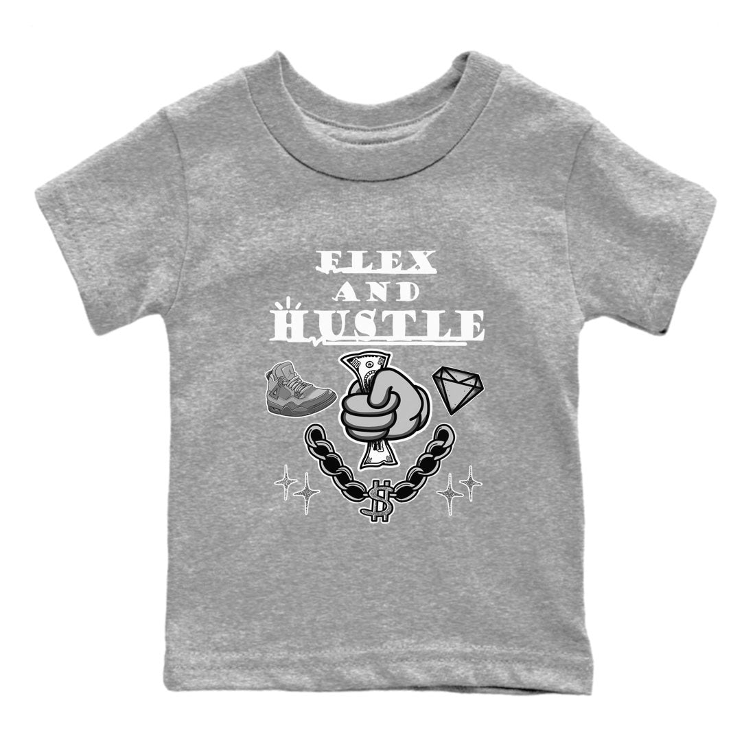 4s Wet Cement shirts to match jordans Flex And Hustle sneaker match tees Air Jordan 4 Wet Cement SNRT Sneaker Release Tees Youth Baby Heather Grey 2 crew neck shirts