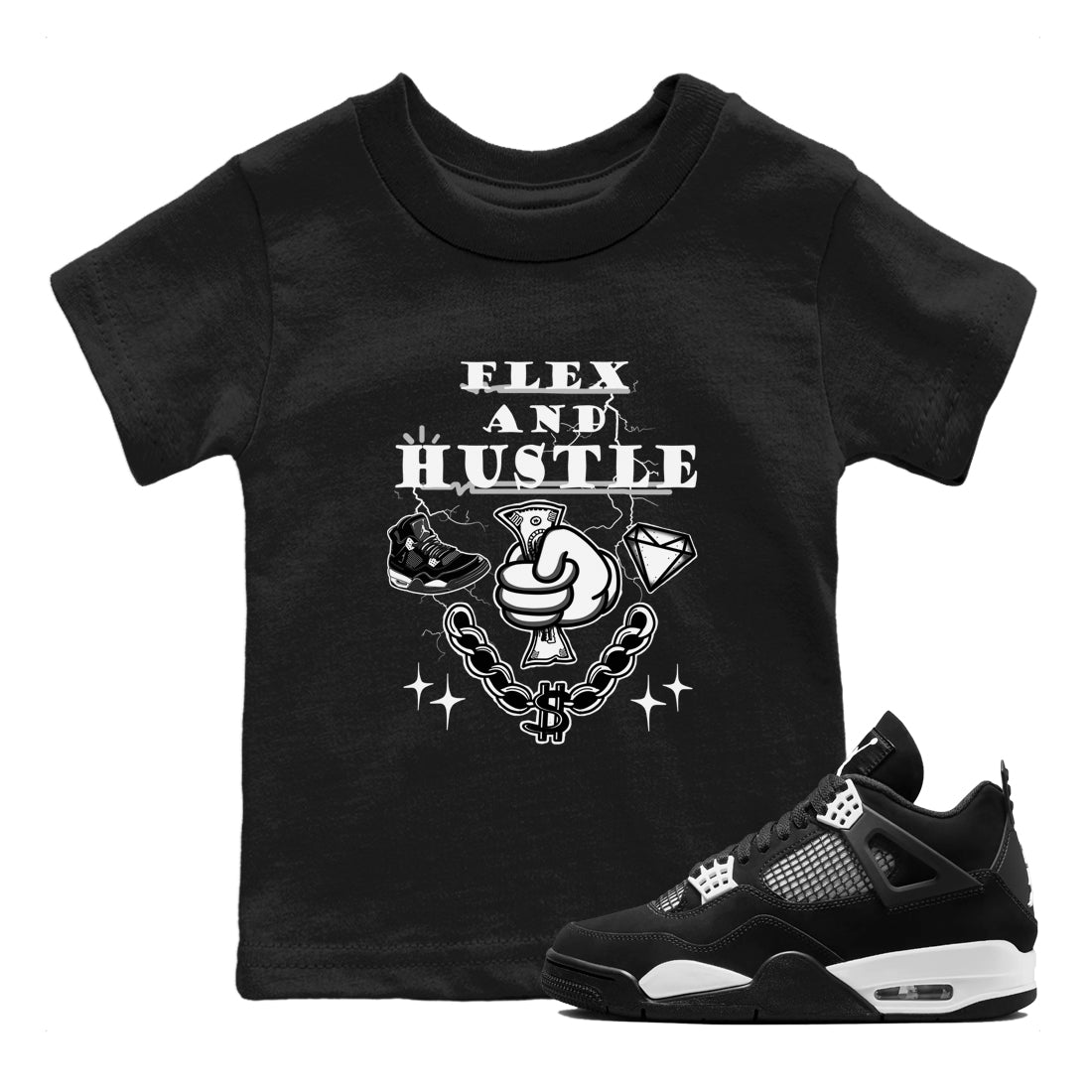 4s White Thunder shirts to match jordans Flex And Hustle sneaker match tees Air Jordan 4 White Thunder SNRT Sneaker Release Tees Youth Baby Black 1 crew neck shirts