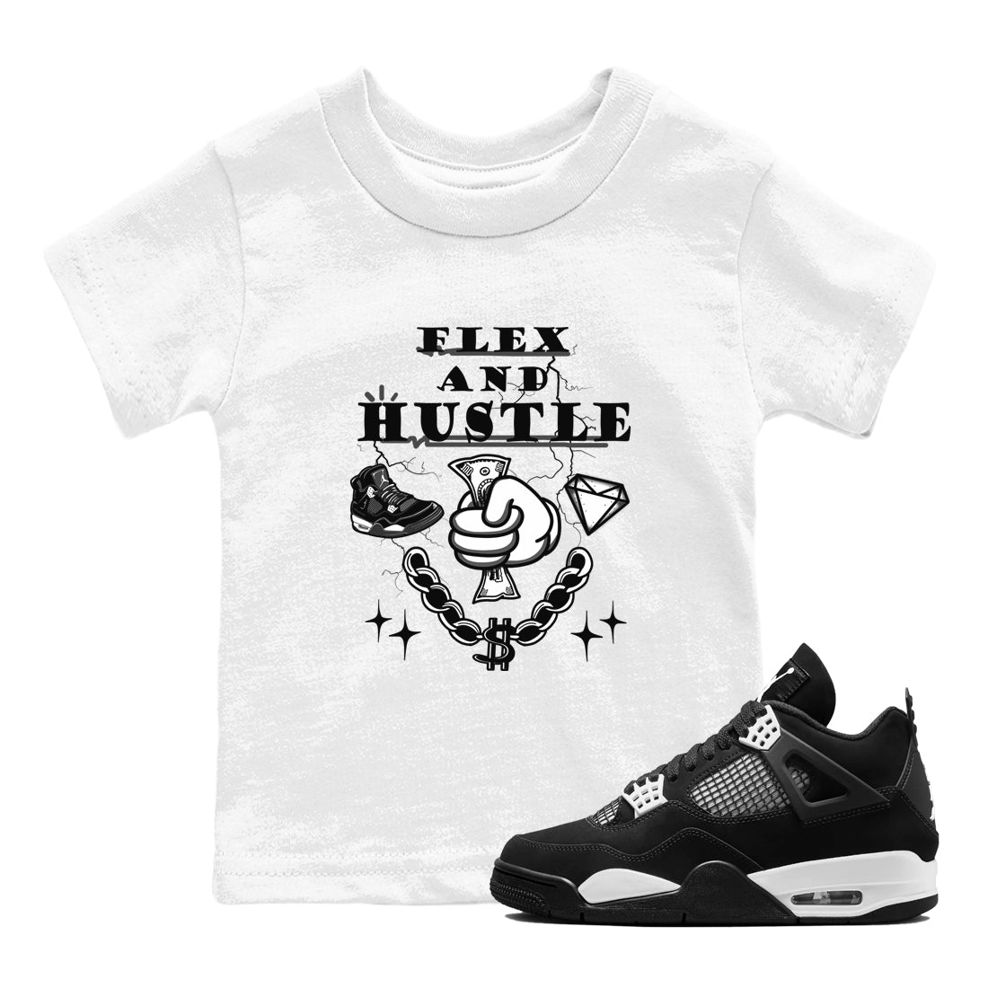 4s White Thunder shirts to match jordans Flex And Hustle sneaker match tees Air Jordan 4 White Thunder SNRT Sneaker Release Tees Youth Baby White 1 crew neck shirts