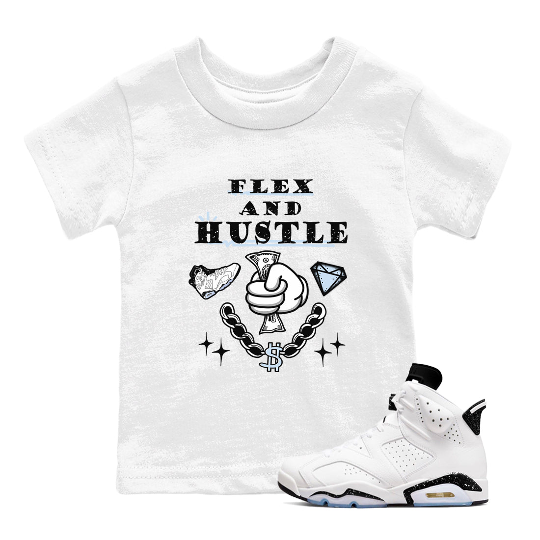 AJ6 Reverse Oreo shirt to match jordans Flex And Hustle sneaker tees Air Jordan 6 White Black SNRT sneaker release tees baby toddler White 1 cotton Shirt