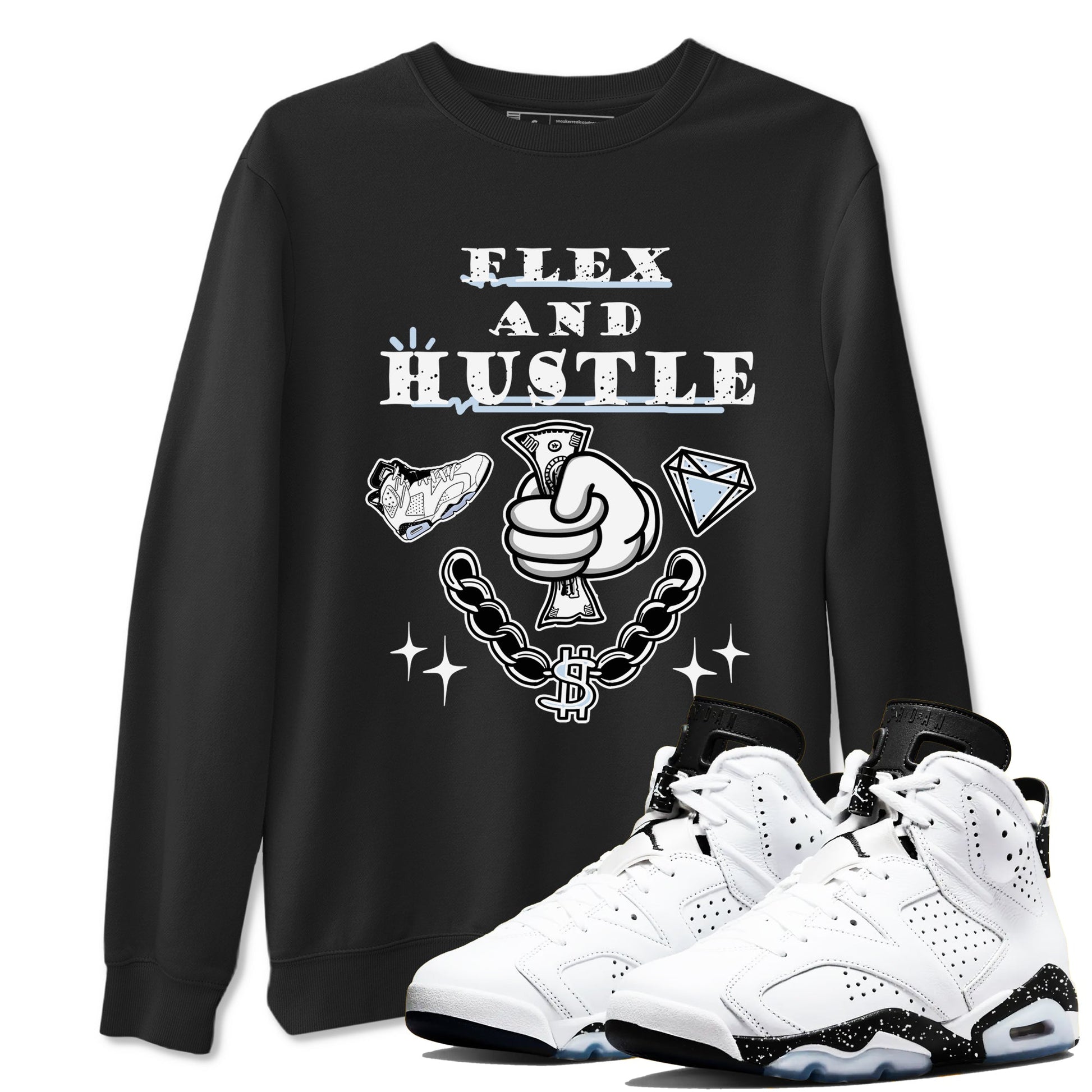 AJ6 Reverse Oreo shirt to match jordans Flex And Hustle sneaker tees Air Jordan 6 White Black SNRT Sneaker Release Tees unisex cotton Black 1 crew neck shirt