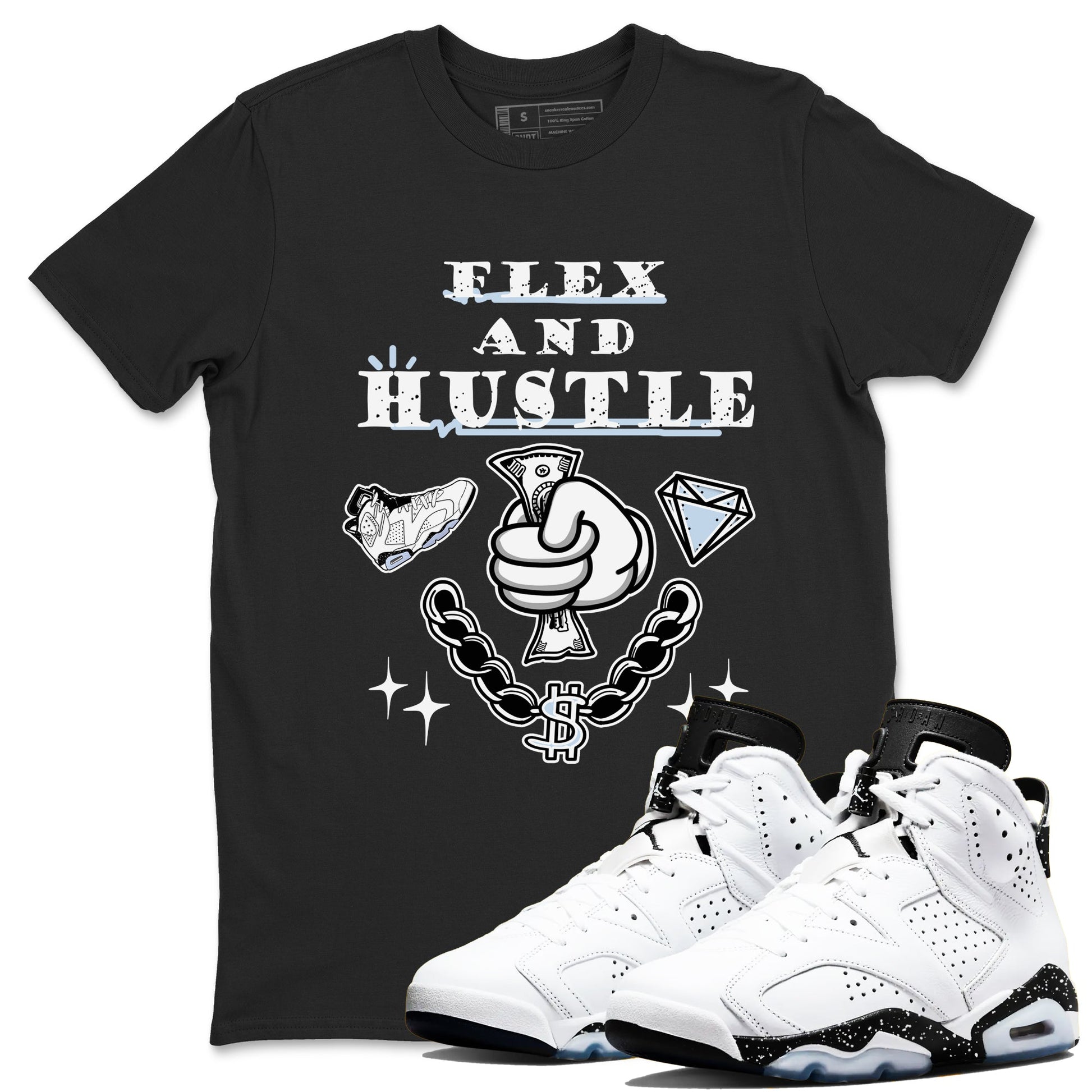 AJ6 Reverse Oreo shirt to match jordans Flex And Hustle sneaker tees Air Jordan 6 White Black SNRT Sneaker Release Tees unisex cotton Black 1 crew neck shirt