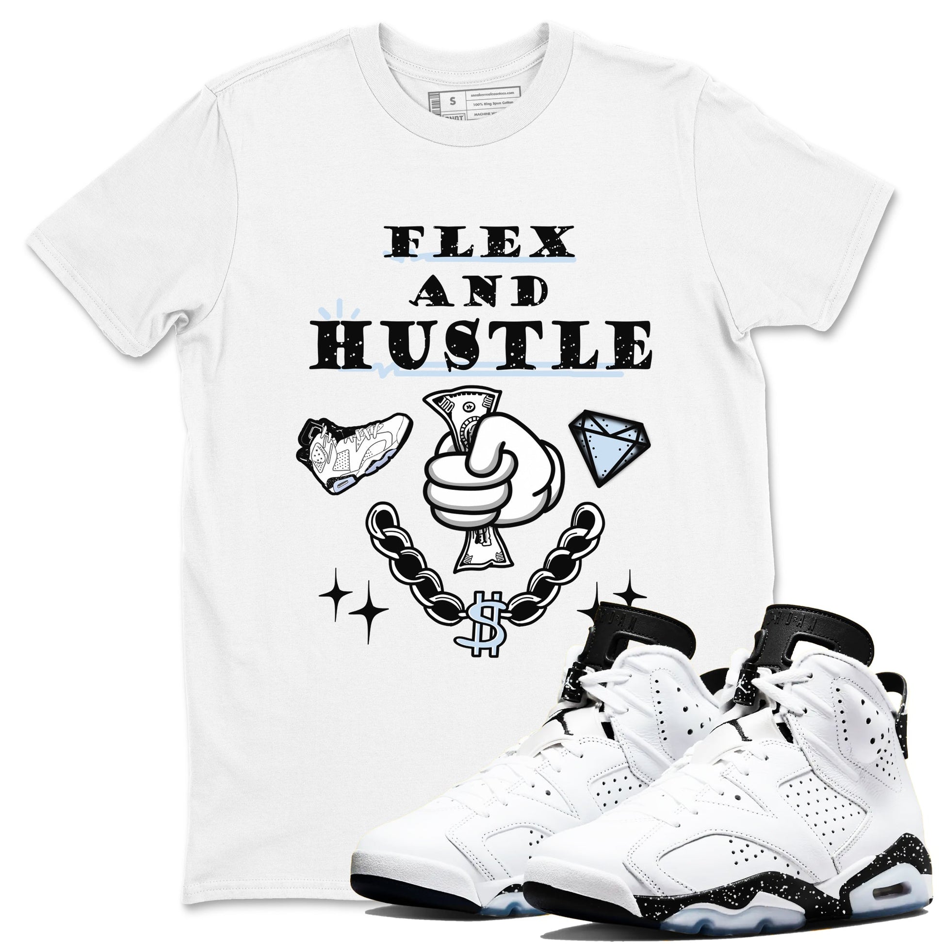AJ6 Reverse Oreo shirt to match jordans Flex And Hustle sneaker tees Air Jordan 6 White Black SNRT Sneaker Release Tees unisex cotton White 1 crew neck shirt
