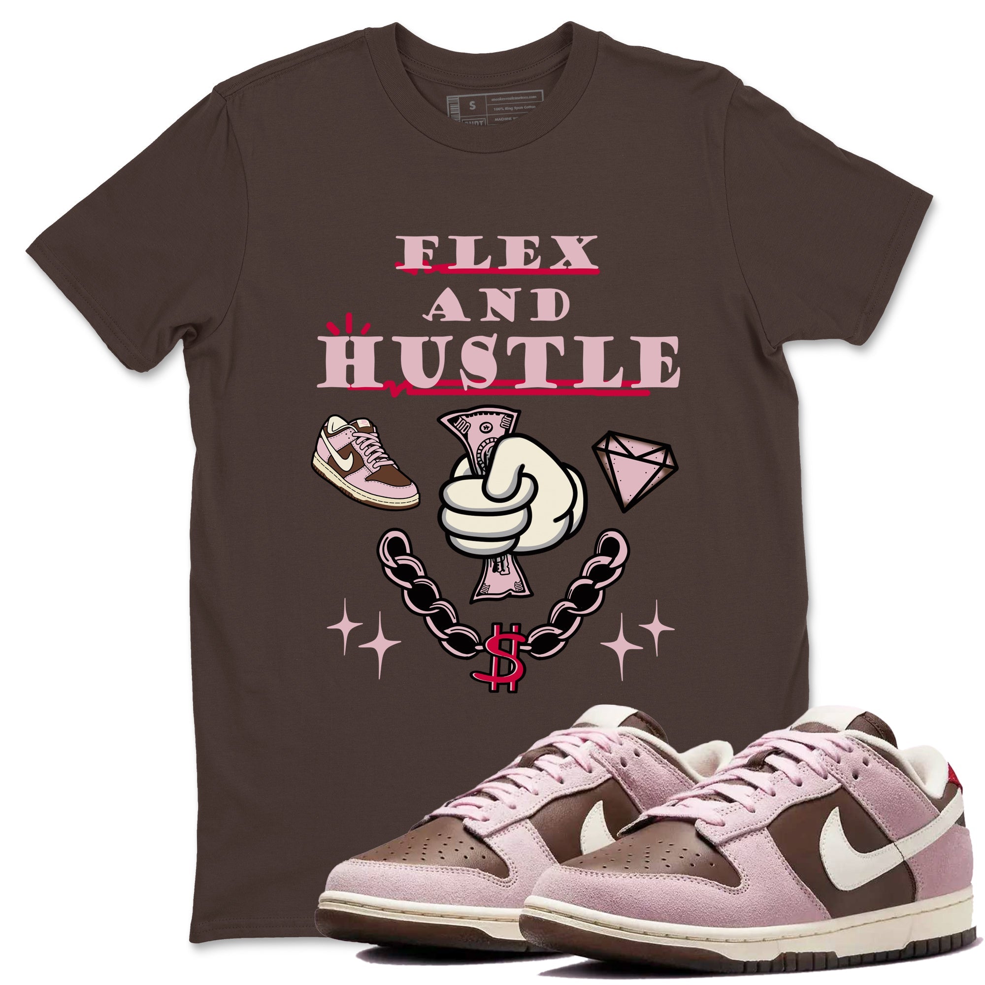 Dunk Cacao Wow And Pink Foam shirts to match jordans Flex And Hustle sneaker match tees Dunk Cacao Wow And Pink Foam SNRT Sneaker Tees streetwear brand Dark Chocolate 1 unisex cotton tee