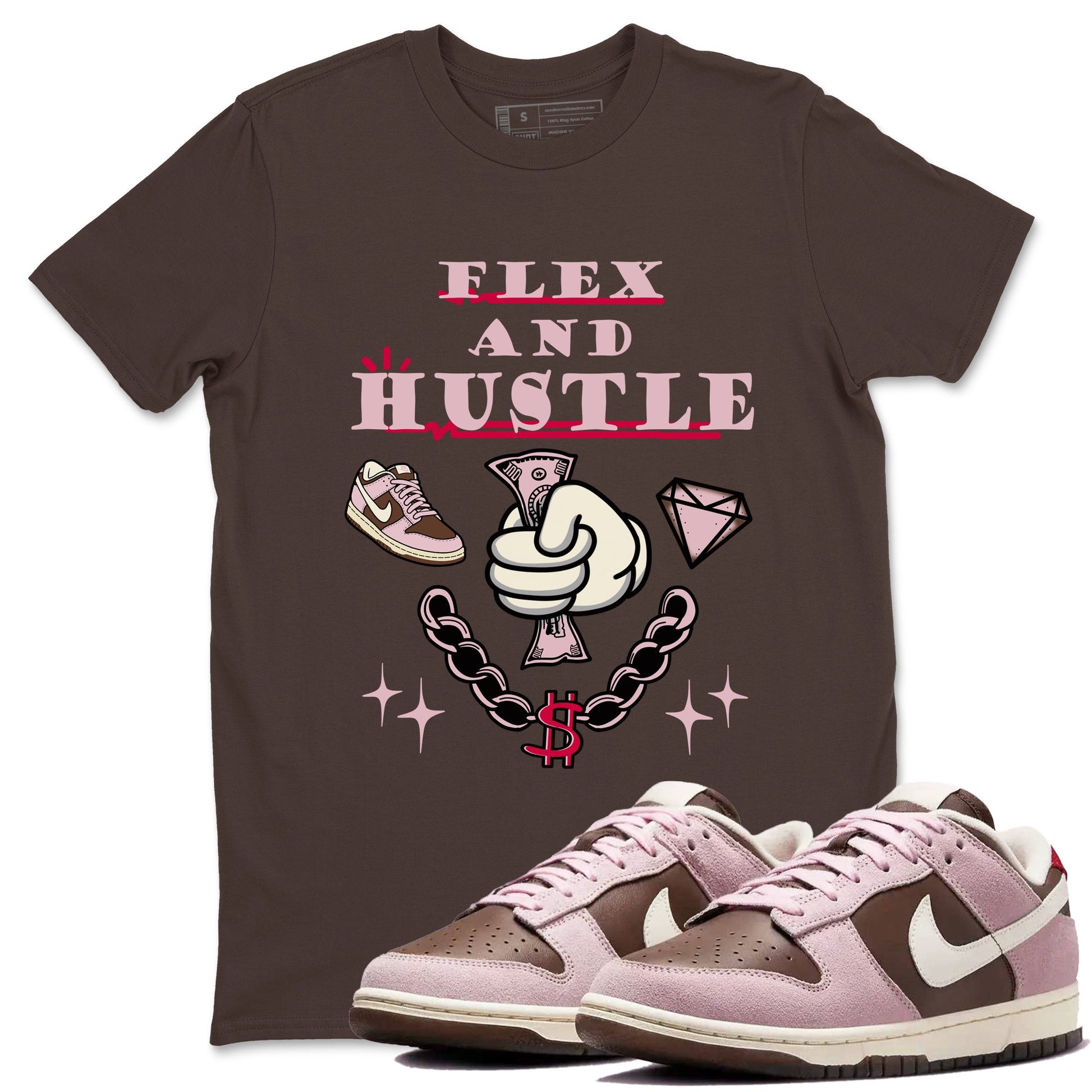 Dunk Cacao Wow And Pink Foam shirts to match jordans Flex And Hustle sneaker match tees Dunk Cacao Wow And Pink Foam SNRT Sneaker Tees streetwear brand Dark Chocolate 1 unisex cotton tee
