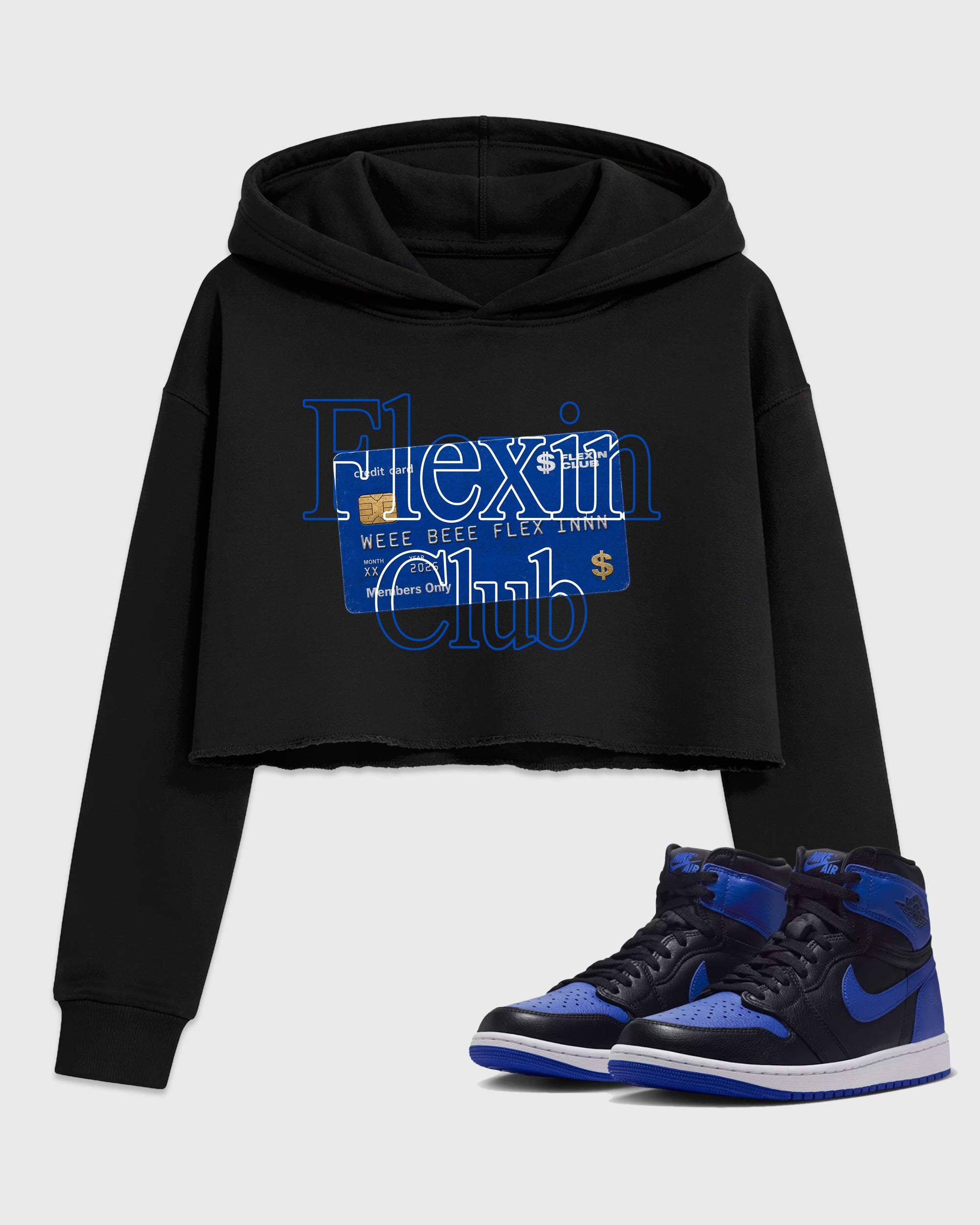 Flexin Club Women’s Graphic Crop Tee featuring original streetwear artwork designed to match the Air Jordan 1 Royal. Black 1 Crop Tee.