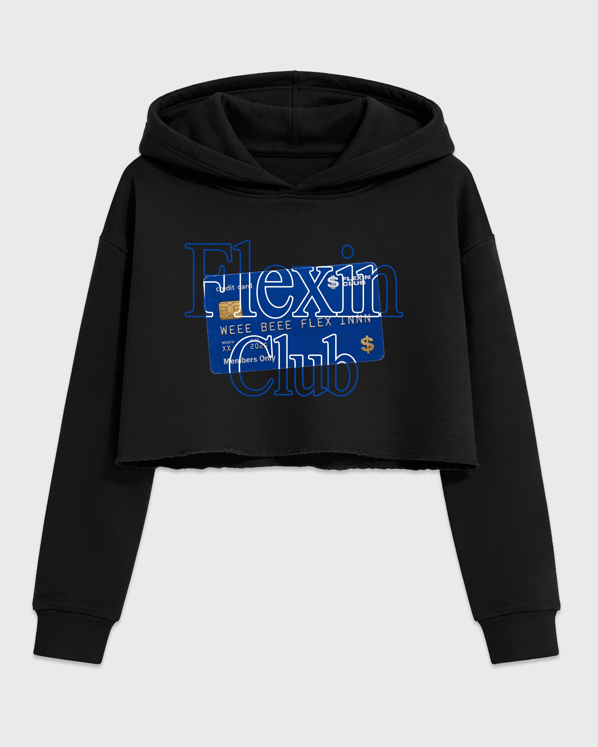 Flexin Club Women’s Graphic Crop Tee featuring original streetwear artwork designed to match the Air Jordan 1 Royal. Black 2 Crop Tee.