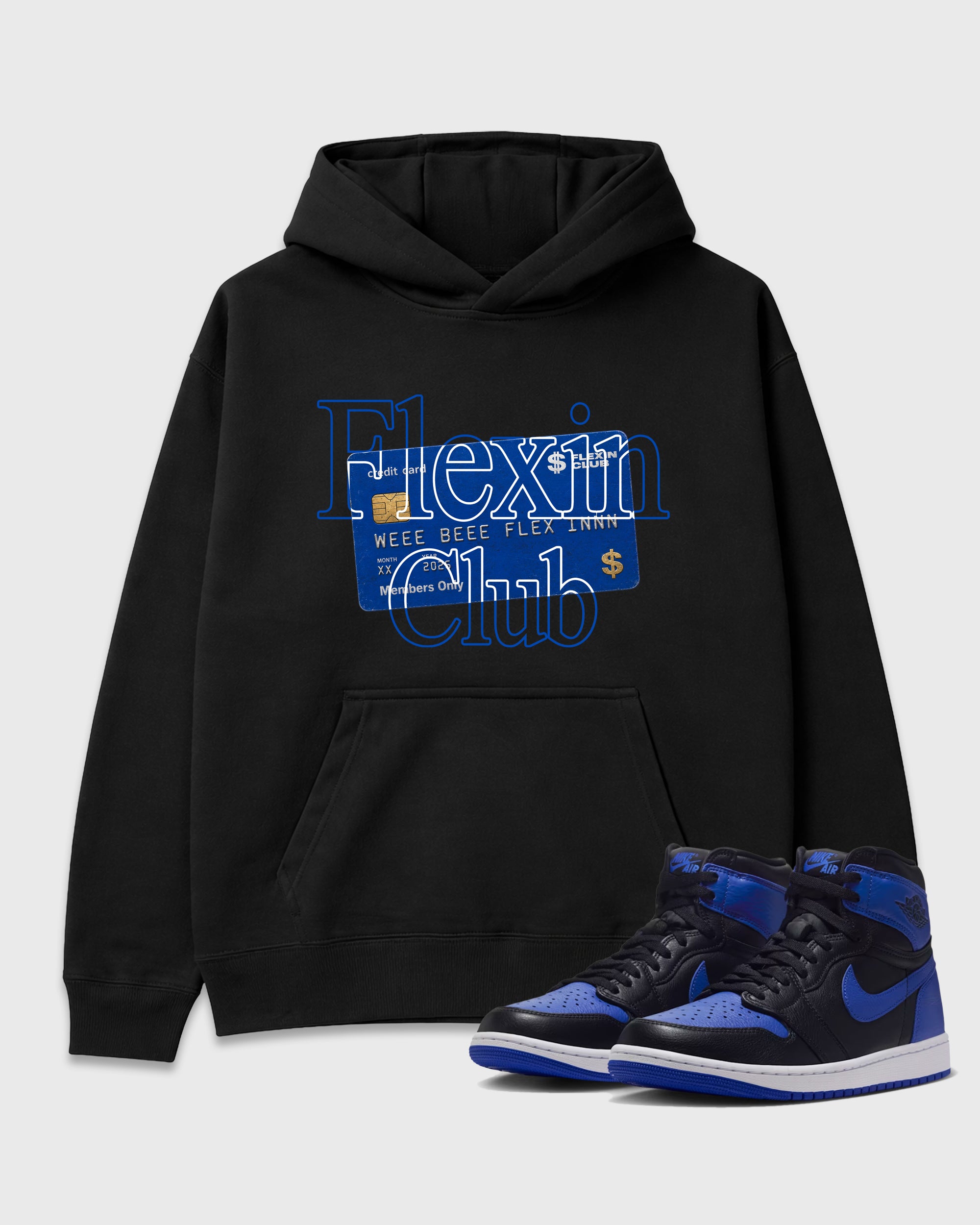 Flexin Club Graphic T-Shirt featuring original streetwear artwork designed to match the Air Jordan 1 Royal. Black 1 Graphic Tee.