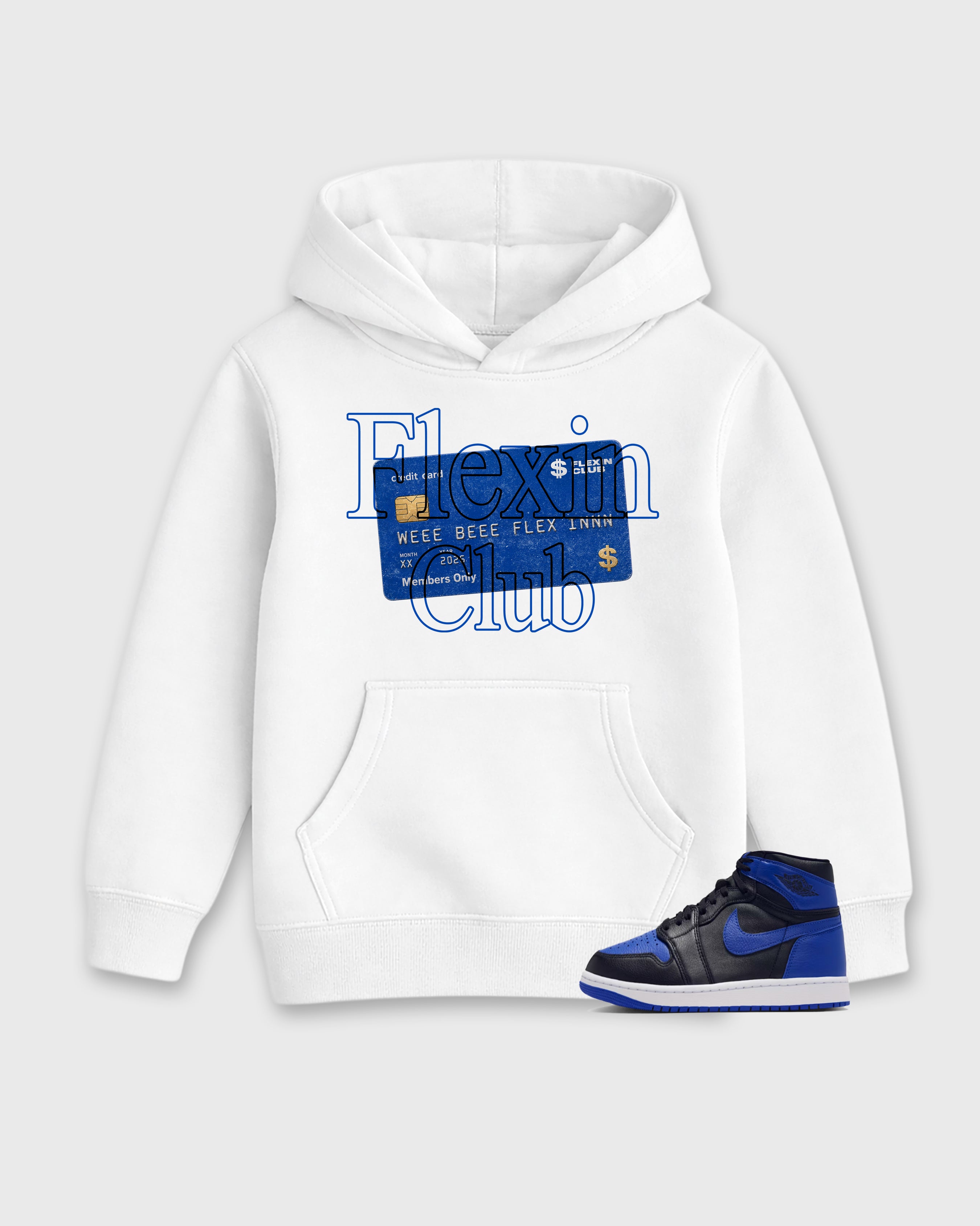 Flexin Club Baby & Kids Graphic Hoodie featuring original artwork designed to match the Air Jordan 1 Royal. White 1 Kids Graphic Sweater.