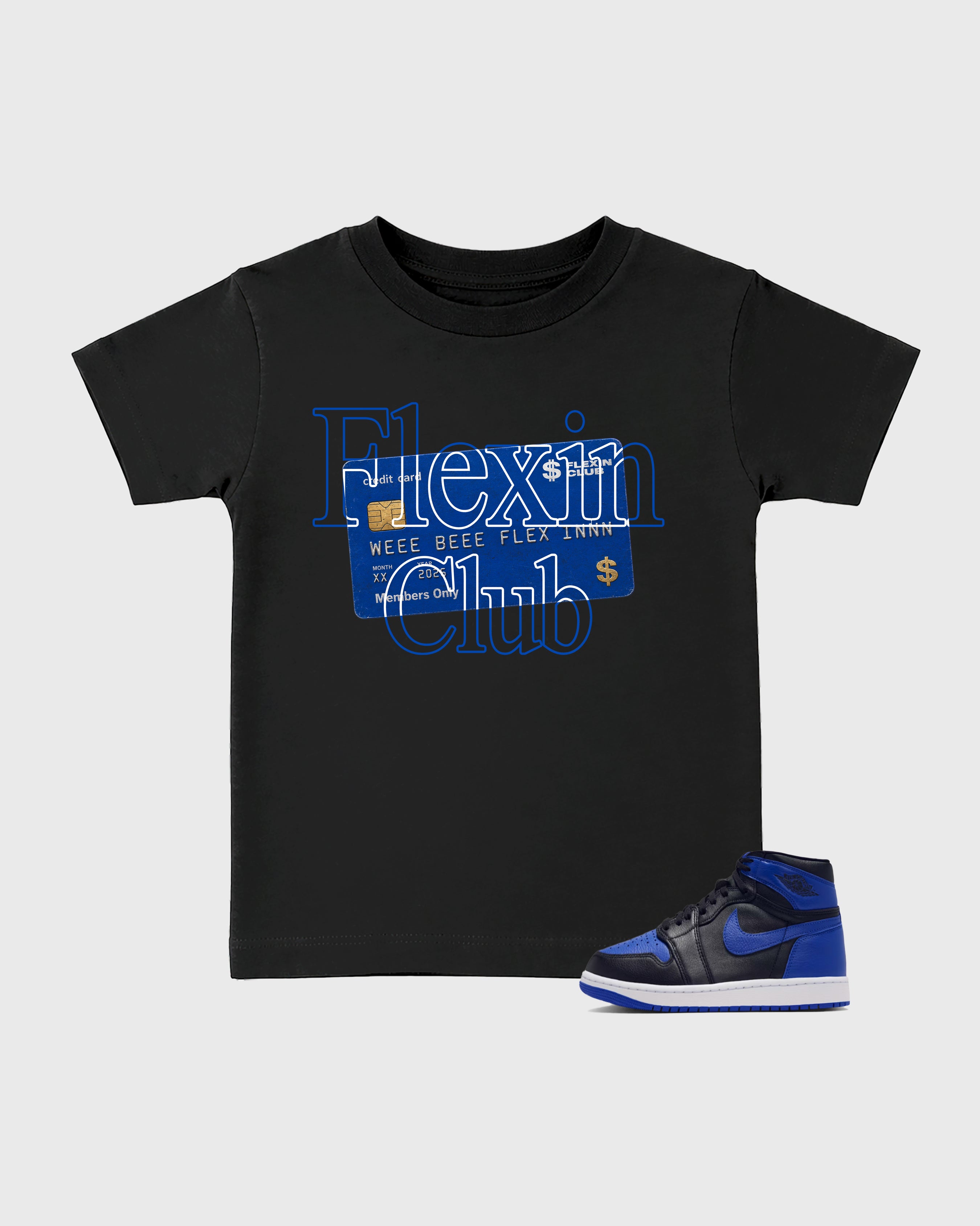 Flexin Club Baby & Kids Graphic T-Shirt featuring original artwork designed to match the Air Jordan 1 Royal. Black 1 Kids Graphic Tee.