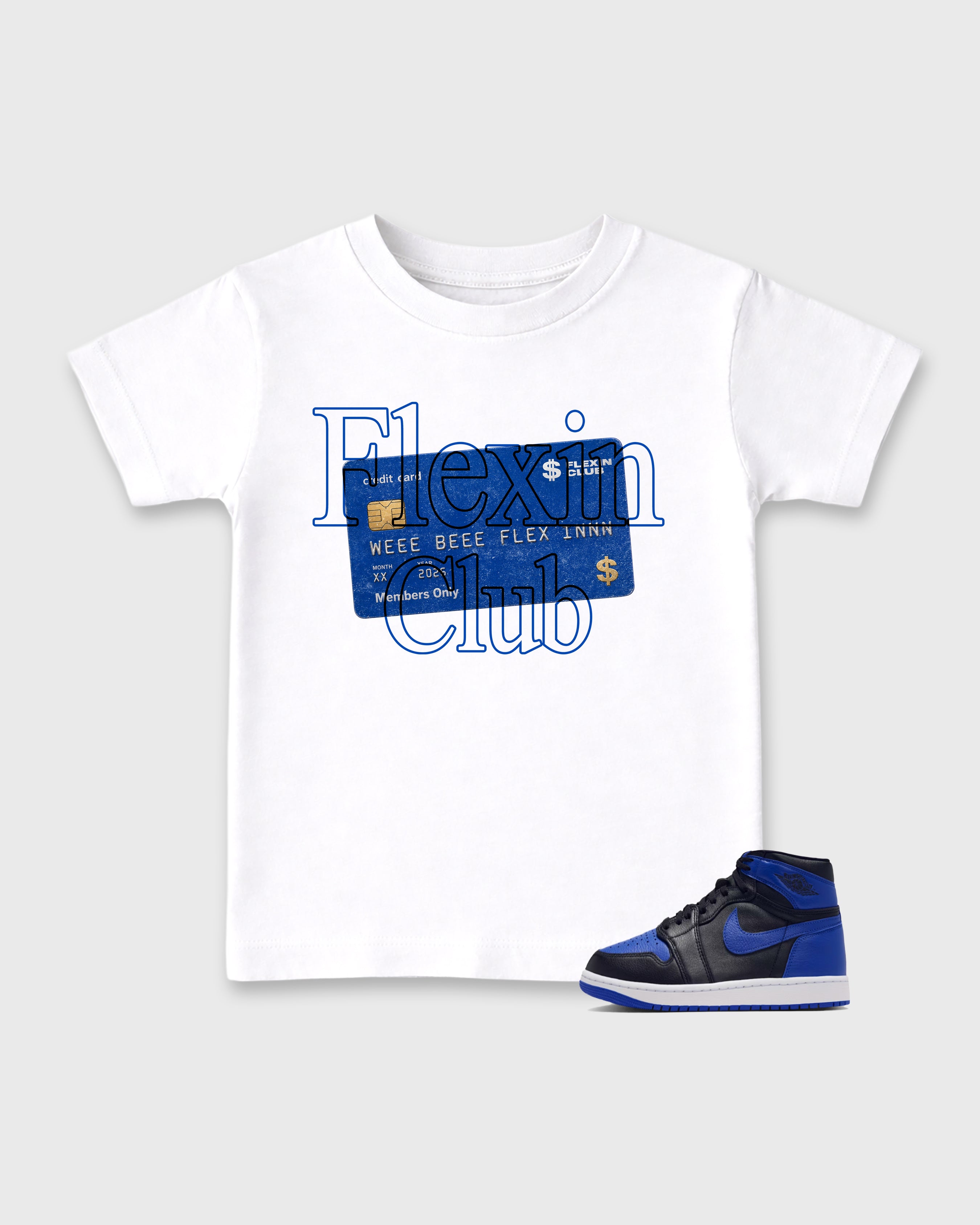 Flexin Club Baby & Kids Graphic T-Shirt featuring original artwork designed to match the Air Jordan 1 Royal. White 1 Kids Graphic Tee.