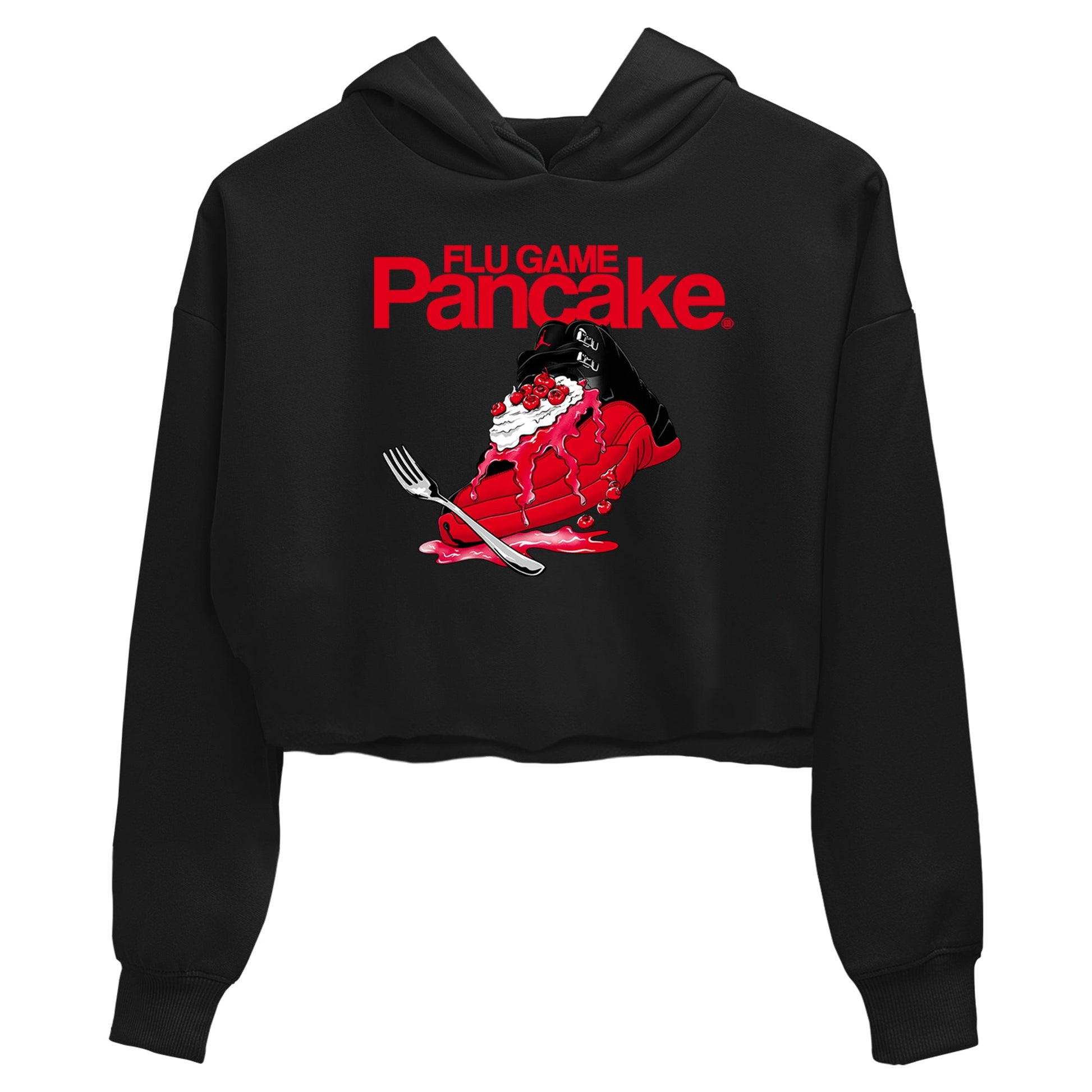 12s Flu Game shirts to match jordans Flu Game Pancake best t shirts to wear with jordans Air Jordan 12 Retro Flu Black and Varsity Red match shoes to clothes SNRT Sneaker Tees unisex cotton Black 2 crop tee