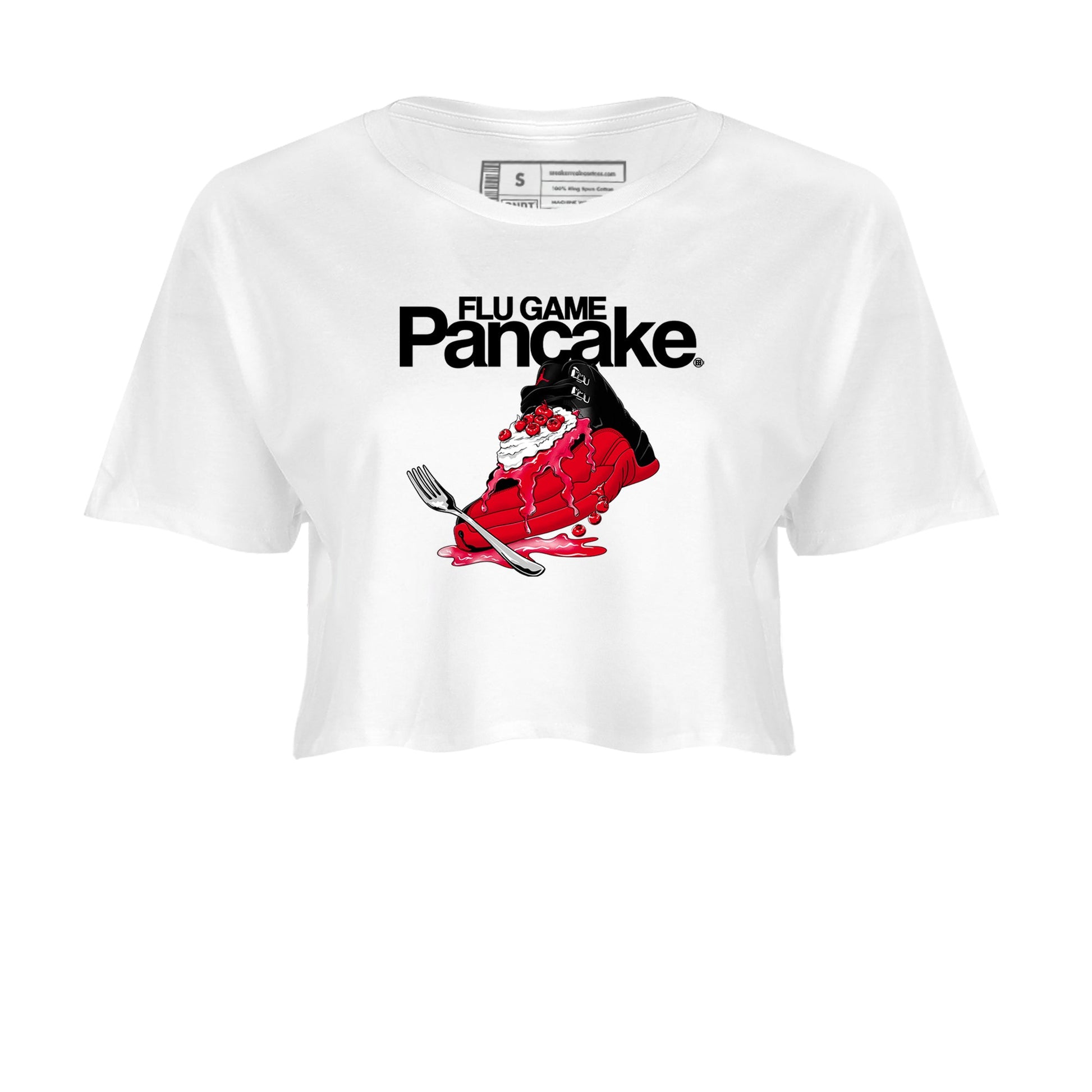 12s Flu Game shirts to match jordans Flu Game Pancake best t shirts to wear with jordans Air Jordan 12 Retro Flu Black and Varsity Red match shoes to clothes SNRT Sneaker Tees unisex cotton White 2 crop tee