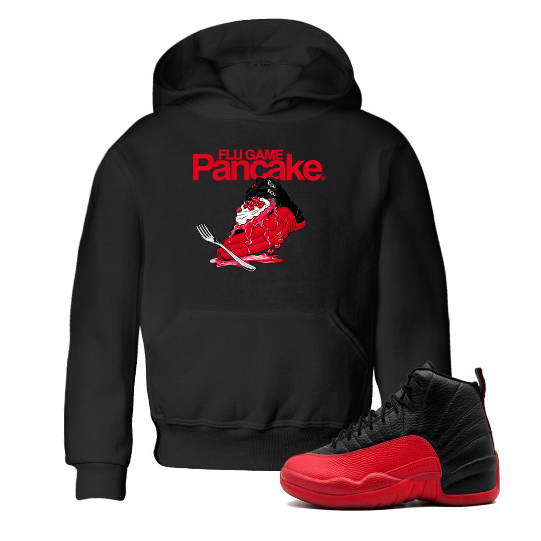 12s Flu Game shirts to match jordans Flu Game Pancake best t shirts to wear with jordans Air Jordan 12 Retro Flu Black and Varsity Red match shoes to clothes SNRT Sneaker Tees Youth Baby Black 1 tee