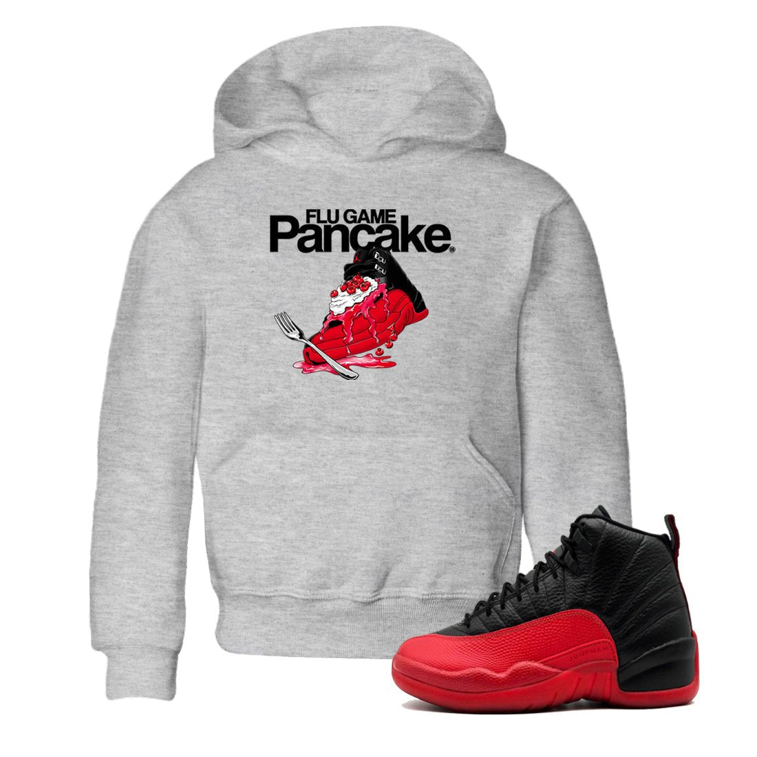 12s Flu Game shirts to match jordans Flu Game Pancake best t shirts to wear with jordans Air Jordan 12 Retro Flu Black and Varsity Red match shoes to clothes SNRT Sneaker Tees Youth Baby Heather Grey 1 tee