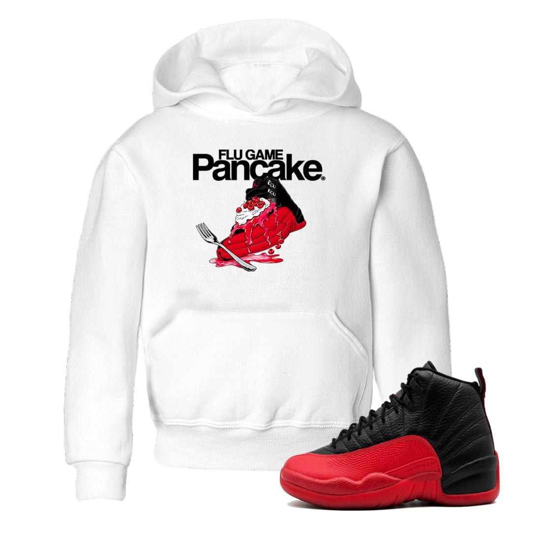 12s Flu Game shirts to match jordans Flu Game Pancake best t shirts to wear with jordans Air Jordan 12 Retro Flu Black and Varsity Red match shoes to clothes SNRT Sneaker Tees Youth Baby White 1 tee