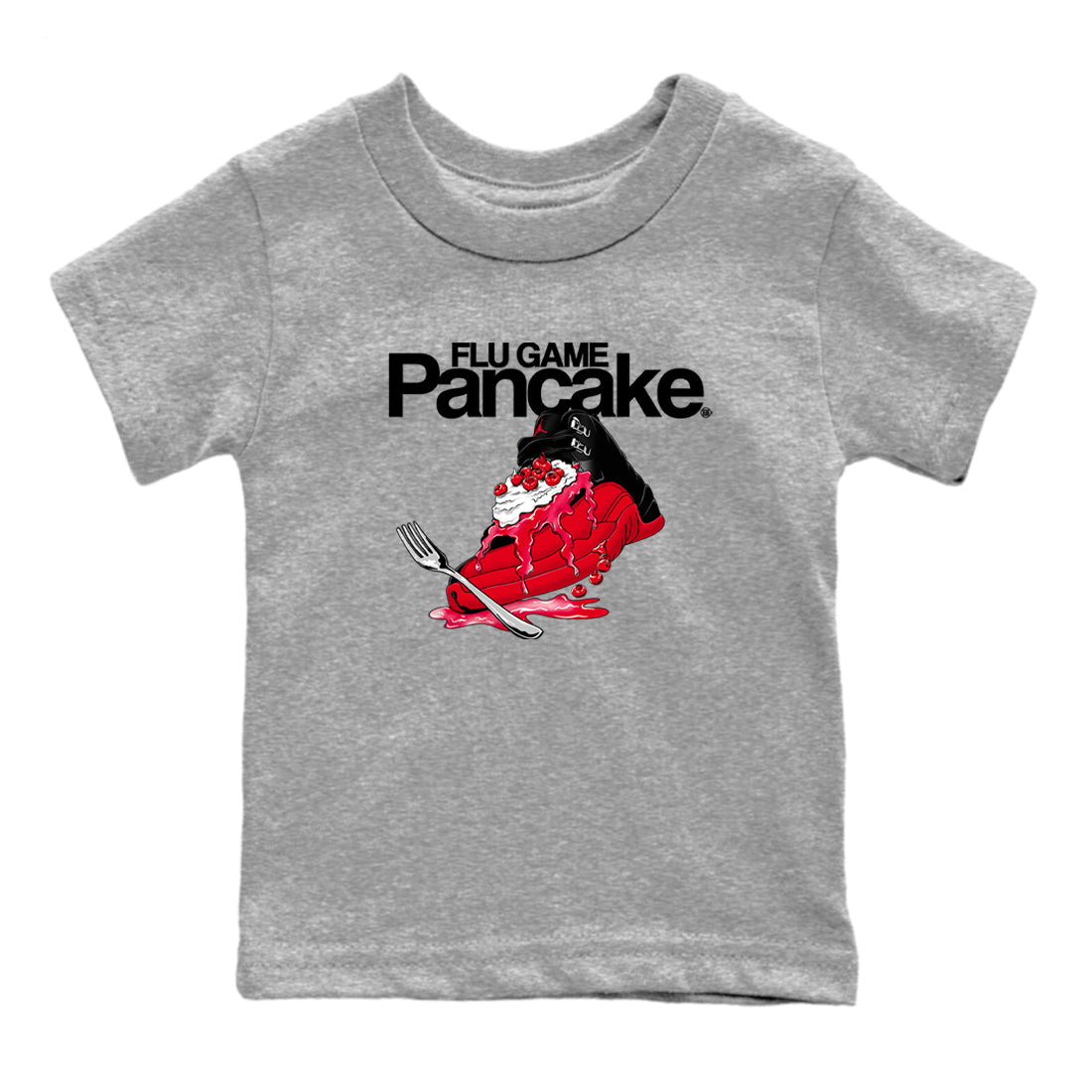 12s Flu Game shirts to match jordans Flu Game Pancake best t shirts to wear with jordans Air Jordan 12 Retro Flu Black and Varsity Red match shoes to clothes SNRT Sneaker Tees Youth Baby Heather Grey 2 tee