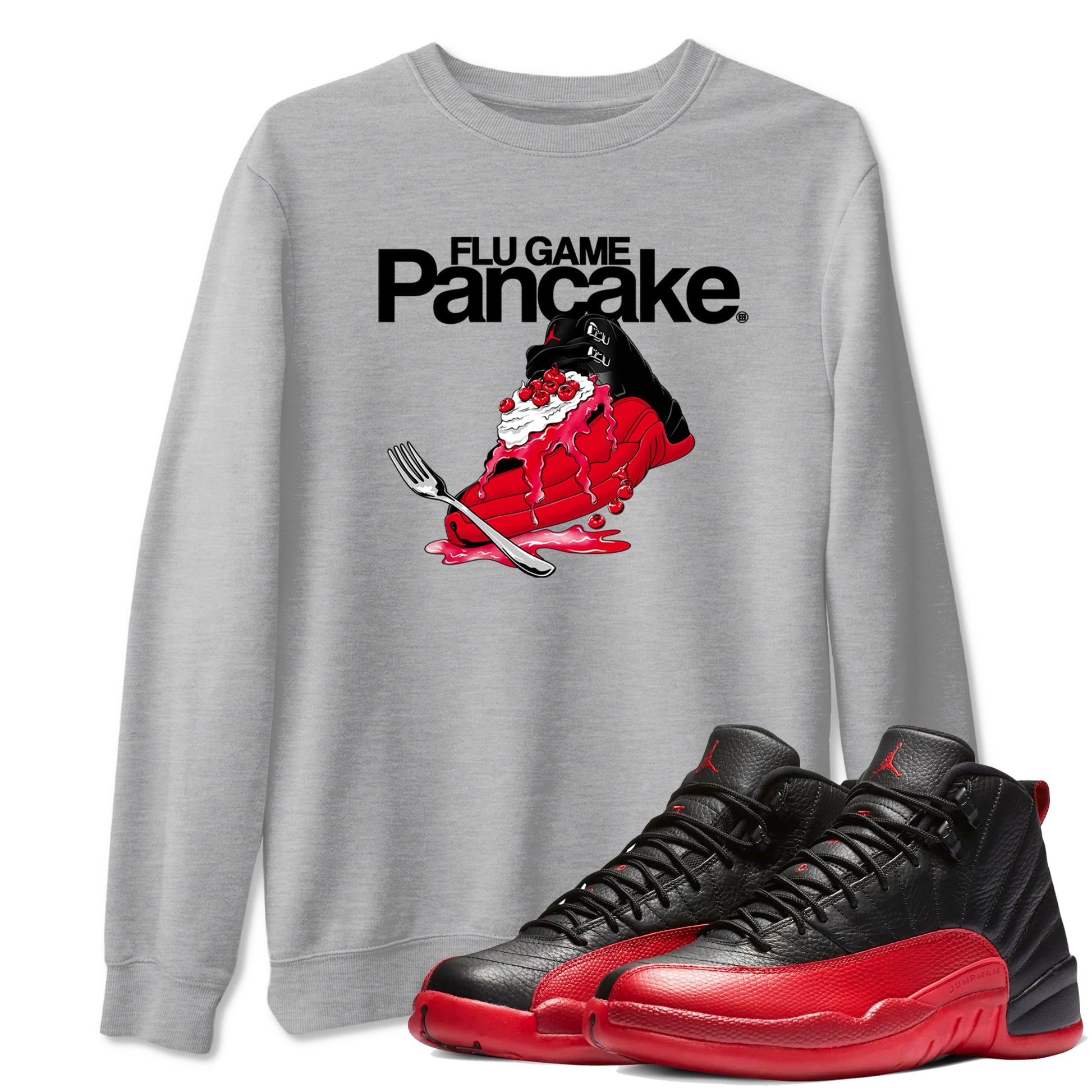 12s Flu Game shirts to match jordans Flu Game Pancake best t shirts to wear with jordans Air Jordan 12 Retro Flu Black and Varsity Red match shoes to clothes SNRT Sneaker Tees unisex cotton Heather Grey 1 shirts