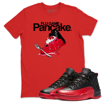 12s Flu Game shirts to match jordans Flu Game Pancake best t shirts to wear with jordans Air Jordan 12 Retro Flu Black and Varsity Red match shoes to clothes SNRT Sneaker Tees unisex cotton Red 1 shirts
