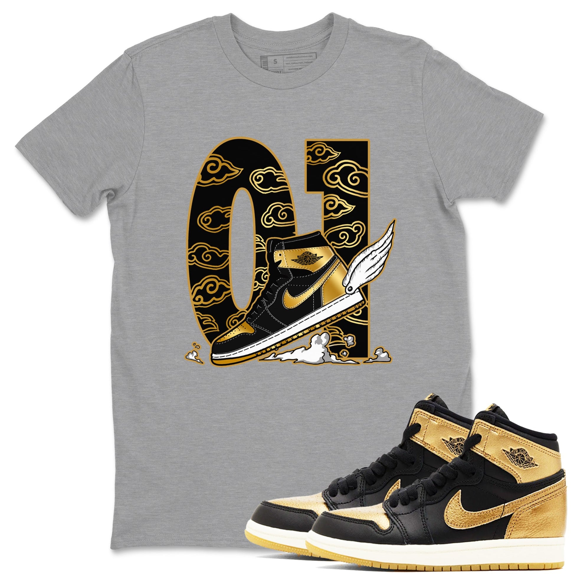 1s Black Metallic Gold shirts to match jordans Fly To The Clouds sneaker match tees Jordan 1 High OG Black and Gold SNRT Sneaker Release Tees unisex cotton Heather Grey 1 crew neck shirts