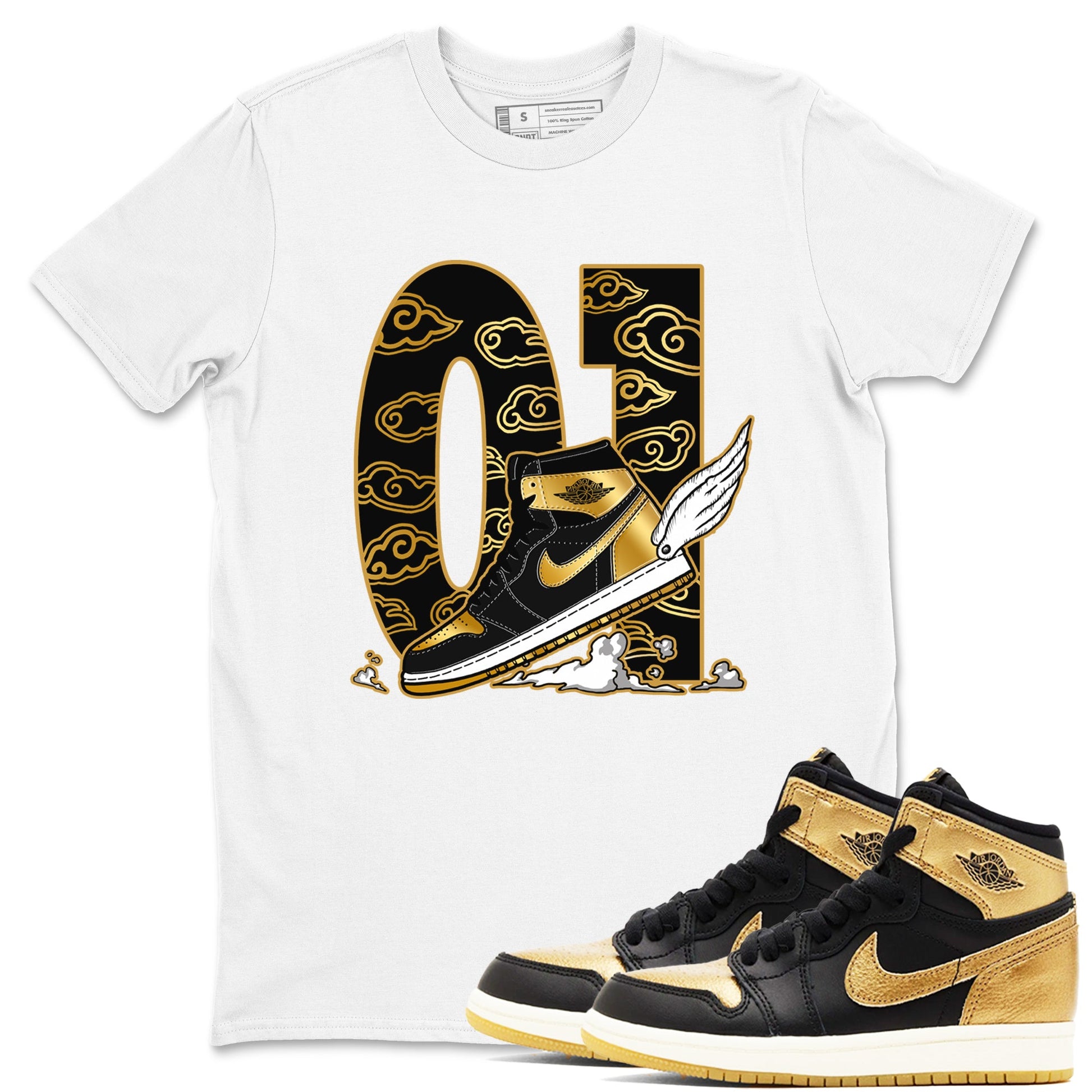 1s Black Metallic Gold shirts to match jordans Fly To The Clouds sneaker match tees Jordan 1 High OG Black and Gold SNRT Sneaker Release Tees unisex cotton White 1 crew neck shirts