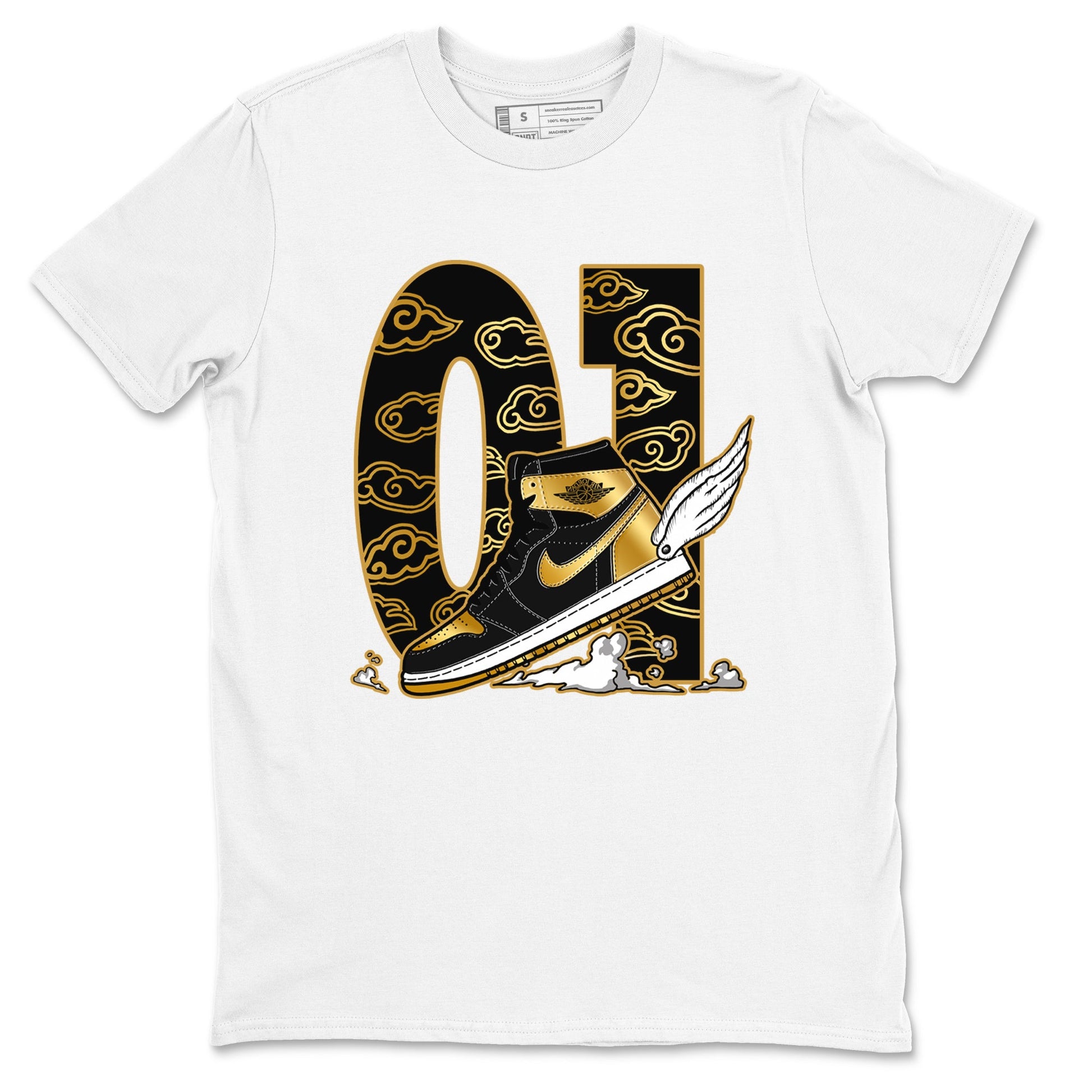 1s Black Metallic Gold shirts to match jordans Fly To The Clouds sneaker match tees Jordan 1 High OG Black and Gold SNRT Sneaker Release Tees unisex cotton White 2 crew neck shirts