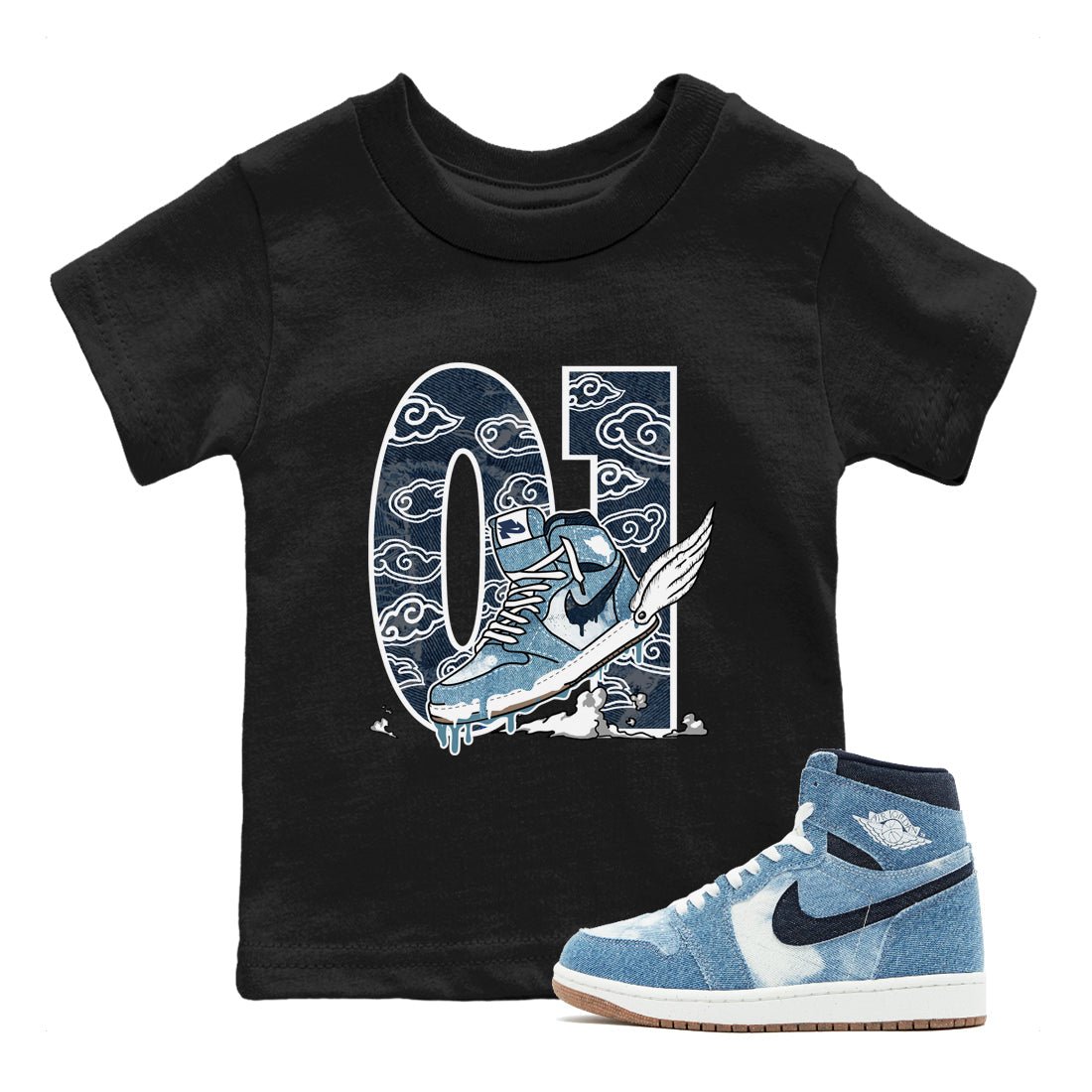 1s Denim shirts to match jordans Fly To The Clouds sneaker match tees Air Jordan 1 Denim SNRT Sneaker Tees streetwear brand Baby and Youth Black 1 cotton tee
