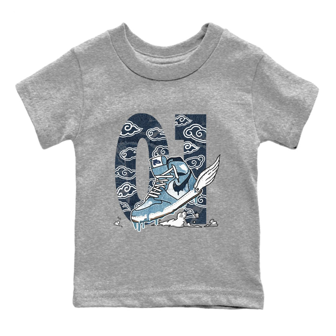 1s Denim shirts to match jordans Fly To The Clouds sneaker match tees Air Jordan 1 Denim SNRT Sneaker Tees streetwear brand Baby and Youth Heather Grey 2 cotton tee