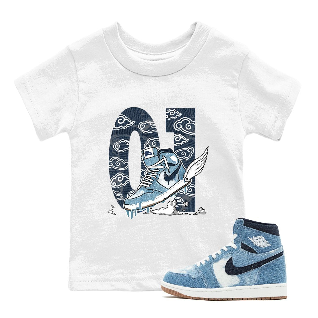 1s Denim shirts to match jordans Fly To The Clouds sneaker match tees Air Jordan 1 Denim SNRT Sneaker Tees streetwear brand Baby and Youth White 1 cotton tee
