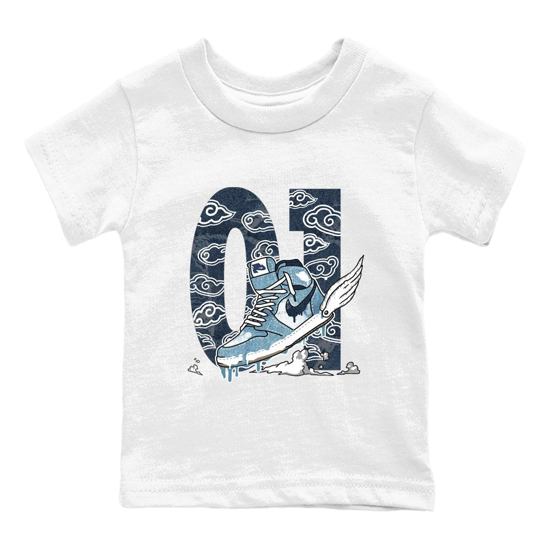 1s Denim shirts to match jordans Fly To The Clouds sneaker match tees Air Jordan 1 Denim SNRT Sneaker Tees streetwear brand Baby and Youth White 2 cotton tee