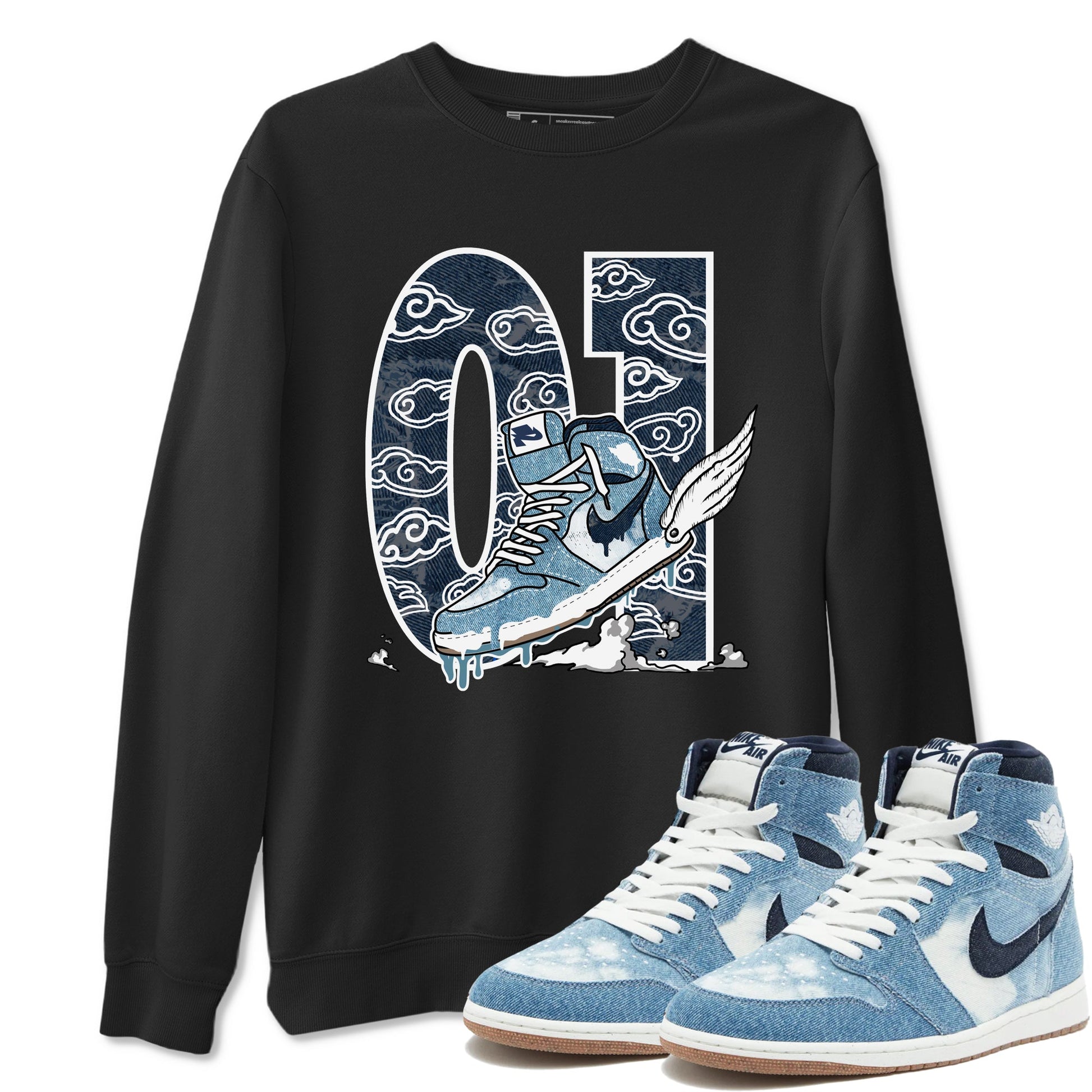 1s Denim shirts to match jordans Fly To The Clouds sneaker match tees Air Jordan 1 Denim SNRT Sneaker Tees streetwear brand Black 1 unisex cotton tee