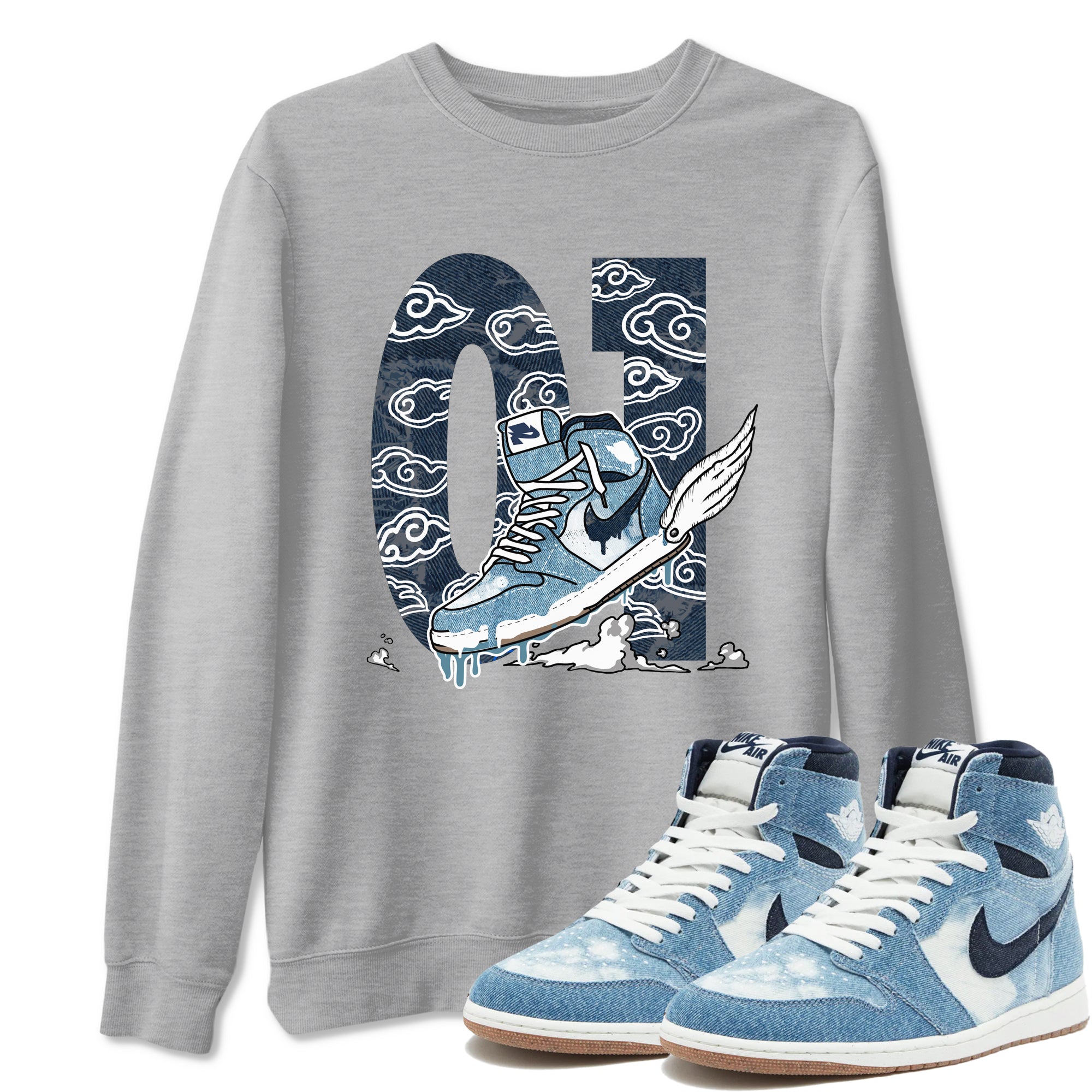 1s Denim shirts to match jordans Fly To The Clouds sneaker match tees Air Jordan 1 Denim SNRT Sneaker Tees streetwear brand Heather Grey 1 unisex cotton tee