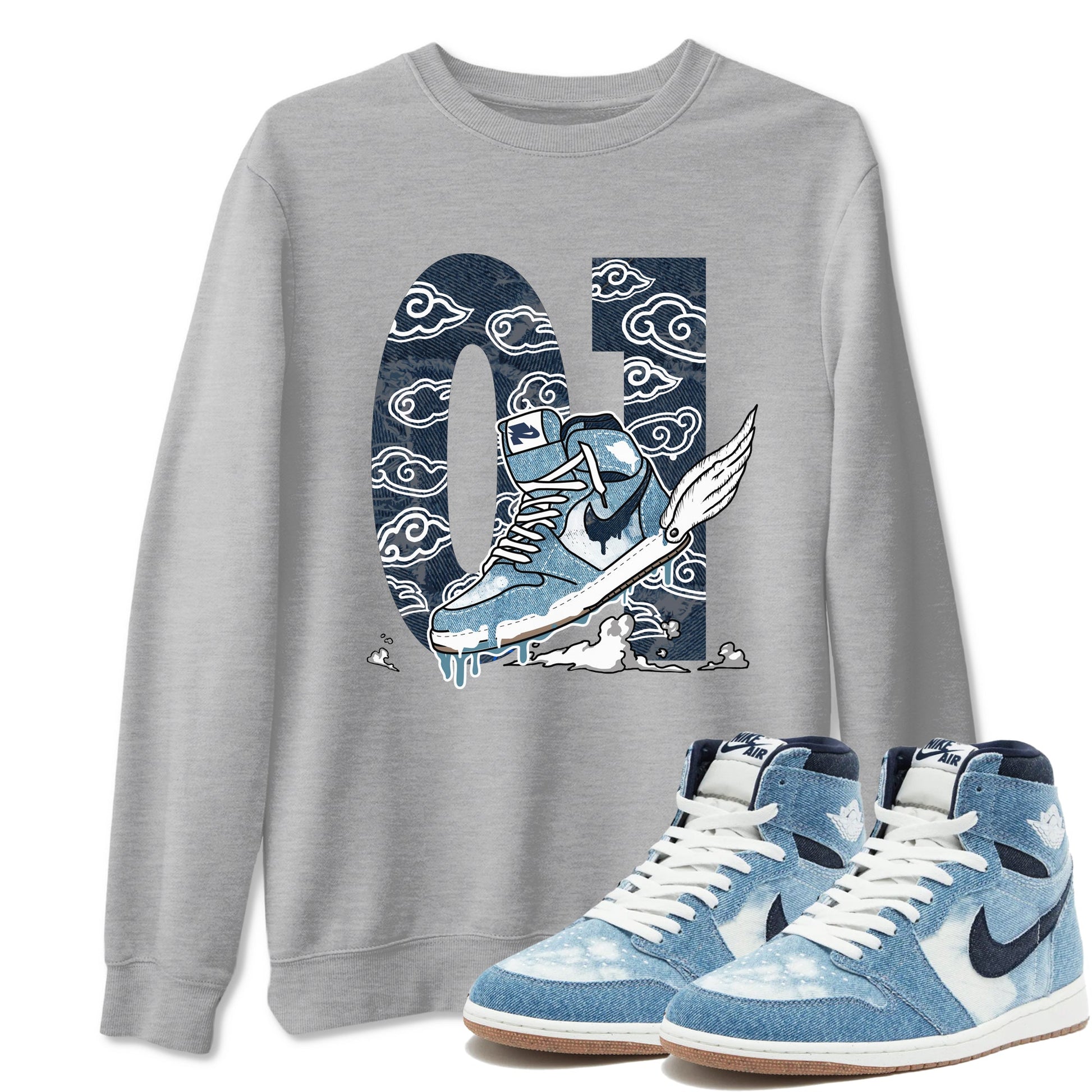 1s Denim shirts to match jordans Fly To The Clouds sneaker match tees Air Jordan 1 Denim SNRT Sneaker Tees streetwear brand Heather Grey 1 unisex cotton tee