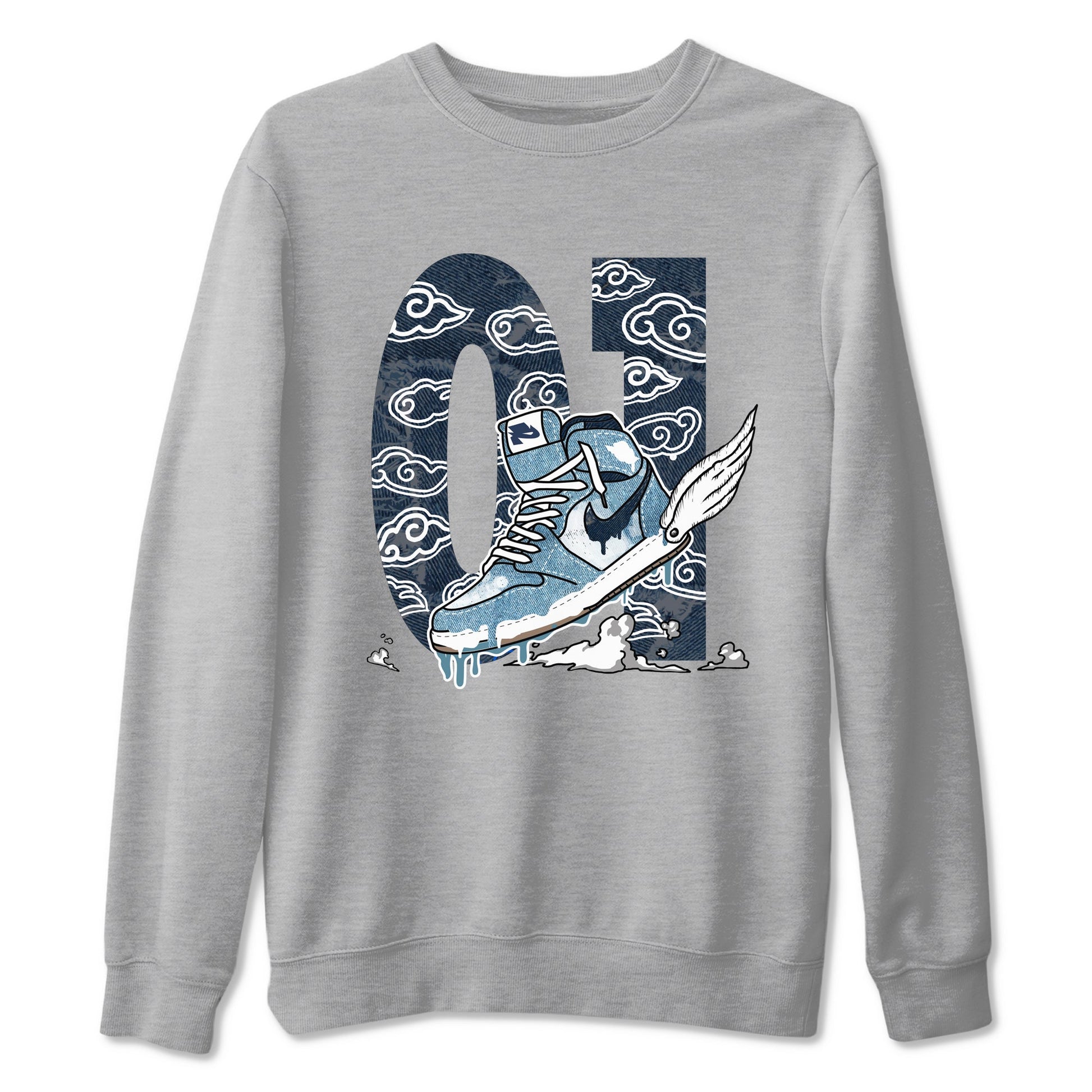 1s Denim shirts to match jordans Fly To The Clouds sneaker match tees Air Jordan 1 Denim SNRT Sneaker Tees streetwear brand Heather Grey 2 unisex cotton tee