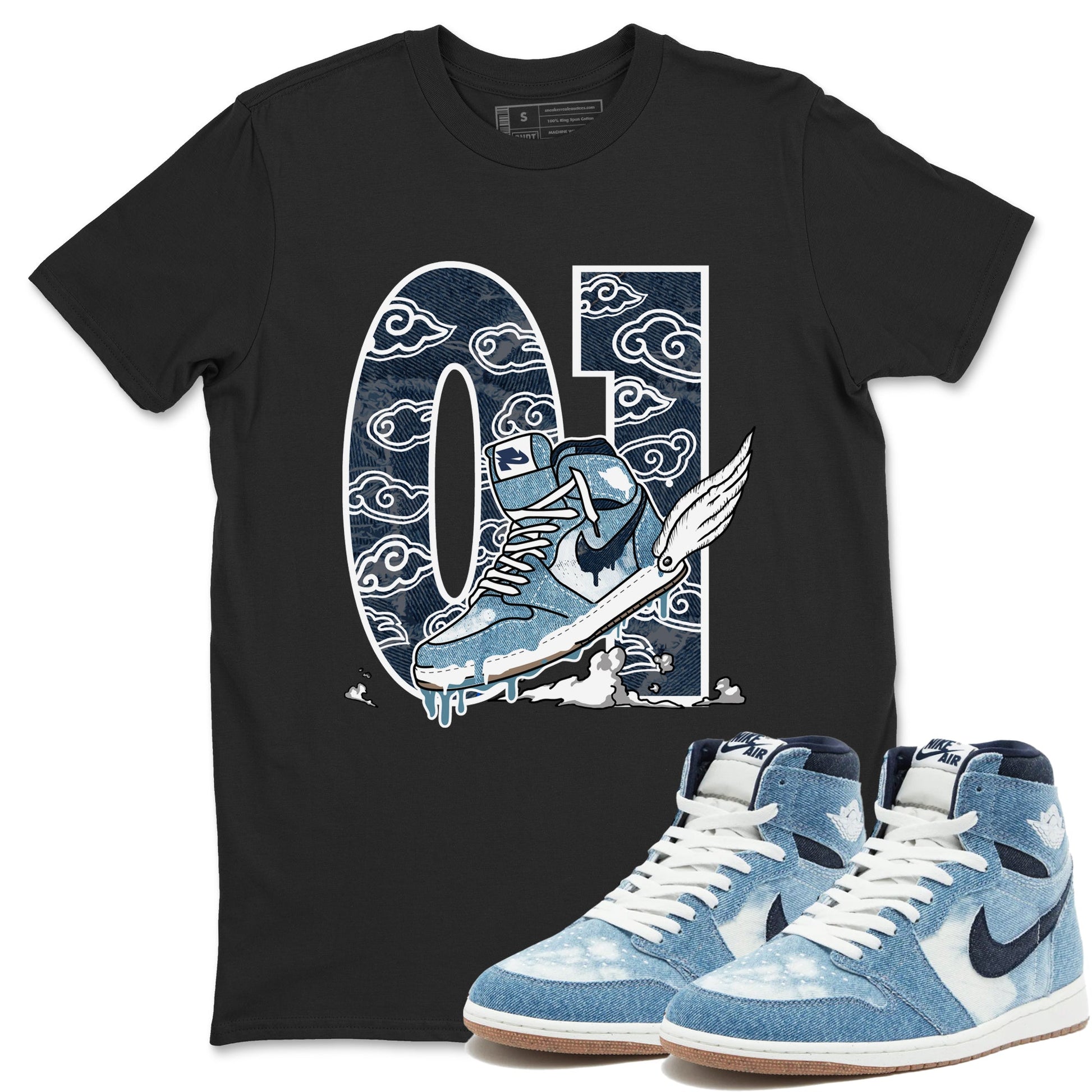 1s Denim shirts to match jordans Fly To The Clouds sneaker match tees Air Jordan 1 Denim SNRT Sneaker Tees streetwear brand Black 1 unisex cotton tee
